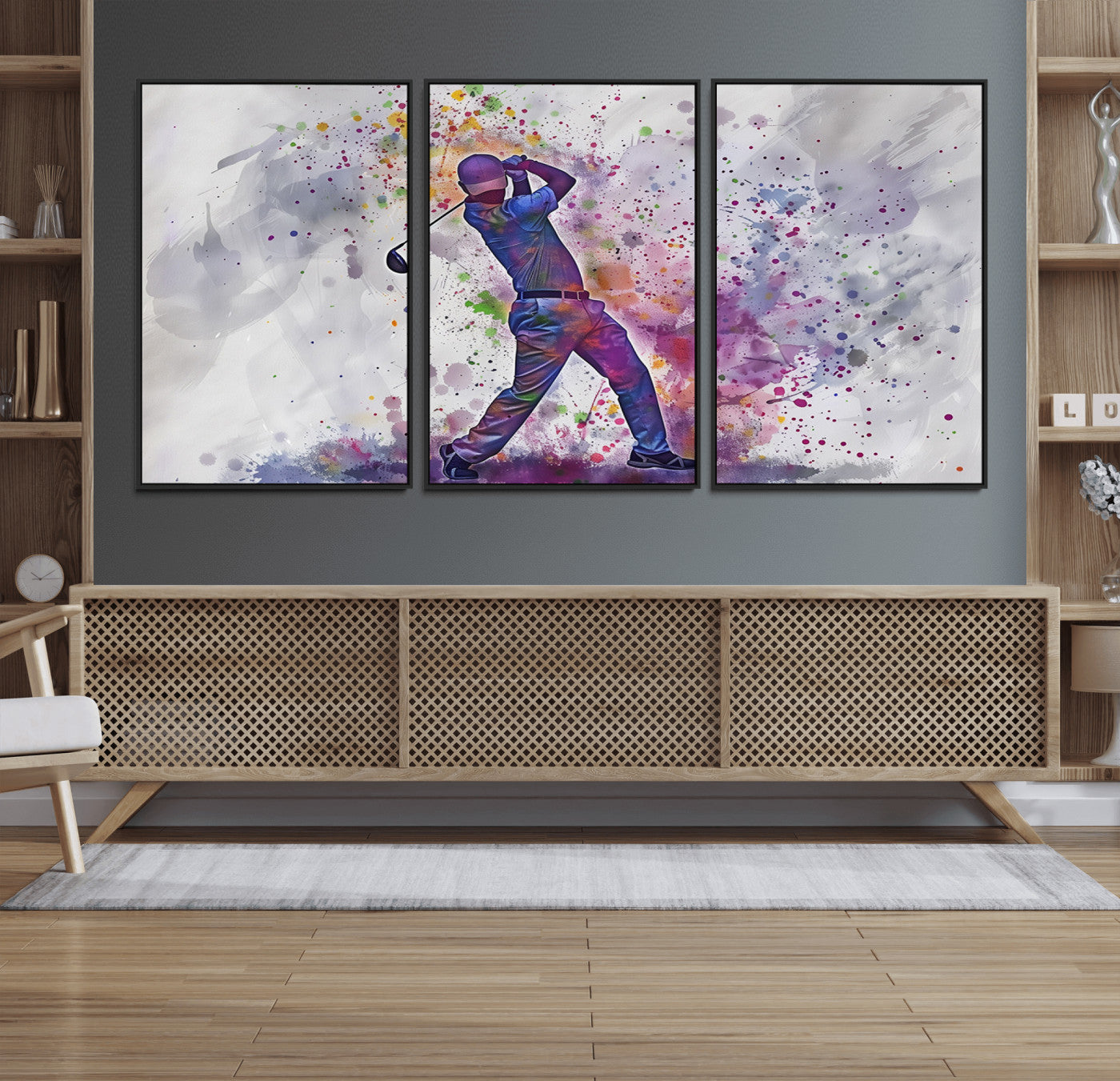 60116-MGV-FC-60X30-3P_Black-Watercolor Golf Swing Wall Art Canvas Print | Vibrant Abstract Golf Player Silhouette |