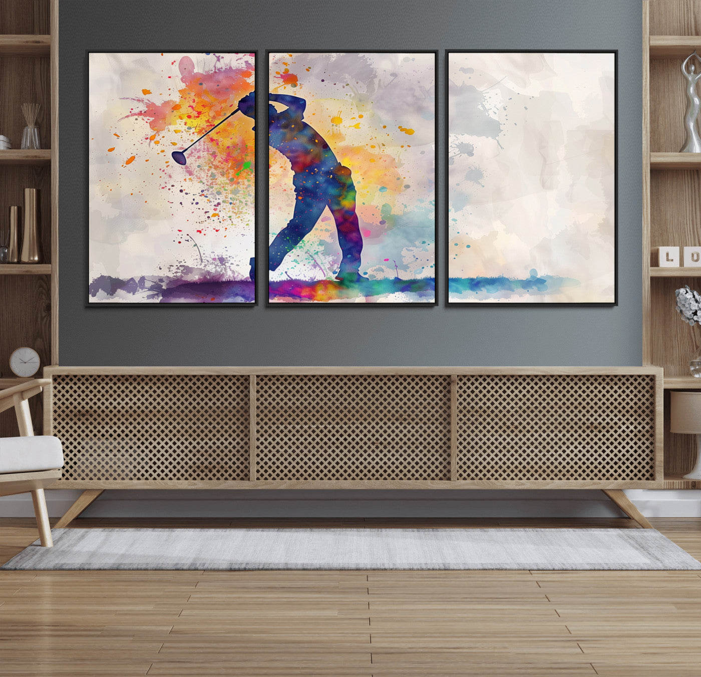 89625-MGV-FC-60X30-3P_Black-Watercolor Golf Swing Wall Art Canvas Print | Vibrant Abstract Golf Player Silhouette |