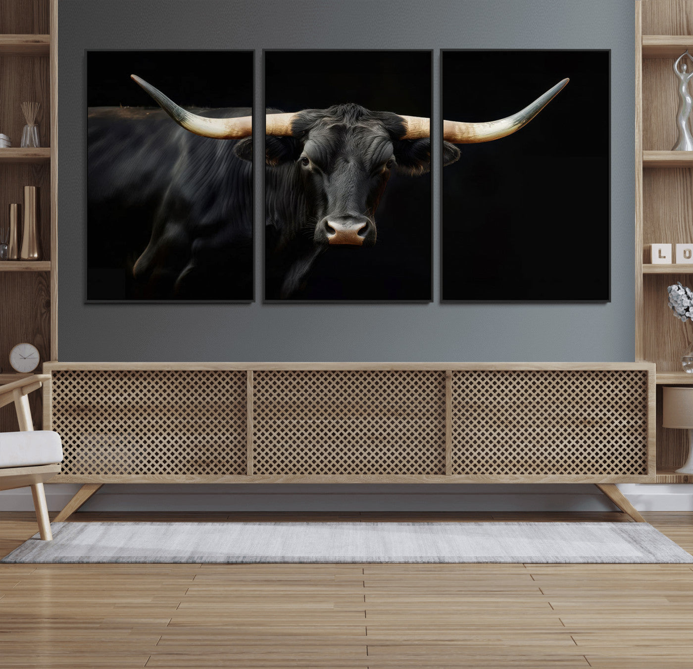63798-MGV-FC-60X30-3P_Black-Black Bull Wall Art – Majestic Longhorn Canvas Print with Dark Background, Rustic Western Farmhouse Decor for Living Room or Office