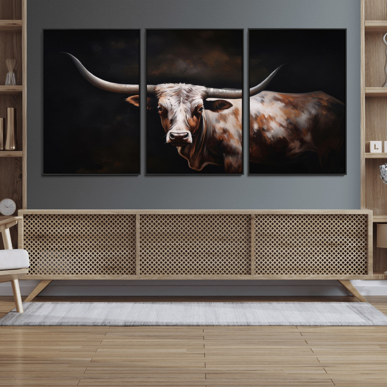 82543-MGV-FC-60X30-3P_Black-Texas Longhorn Wall Art Canvas Print | Western Ranch Decor | Bold Rustic Cattle Artwork | Ready to