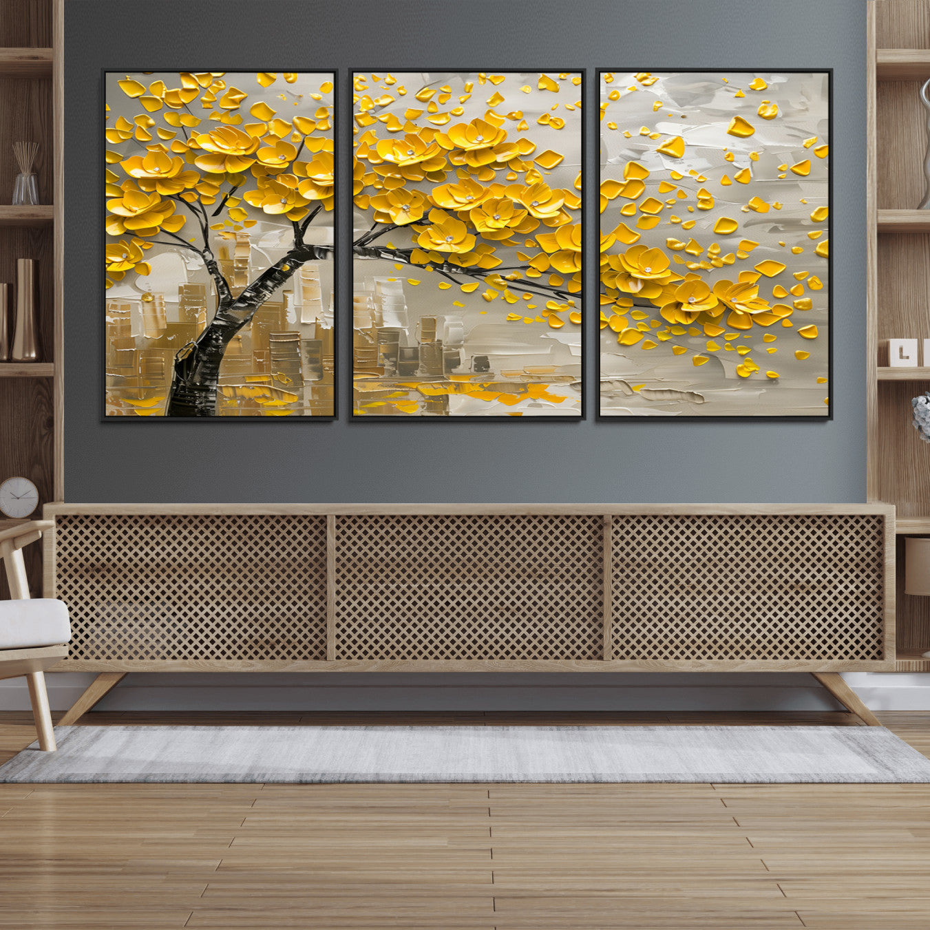 99675-MGV-FC-60X30-3P_Black-Yellow Blossom Tree Canvas Wall Art - Floral Abstract Modern Contemporary Artwork for Living Room or
