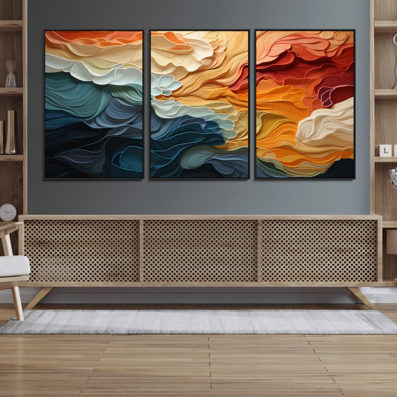 31634-MGV-FC-60X30-3P_Black-Blue Orange Abstract Wave Wall Art Canvas Print, Framed Blue Orange Wave Wall Art