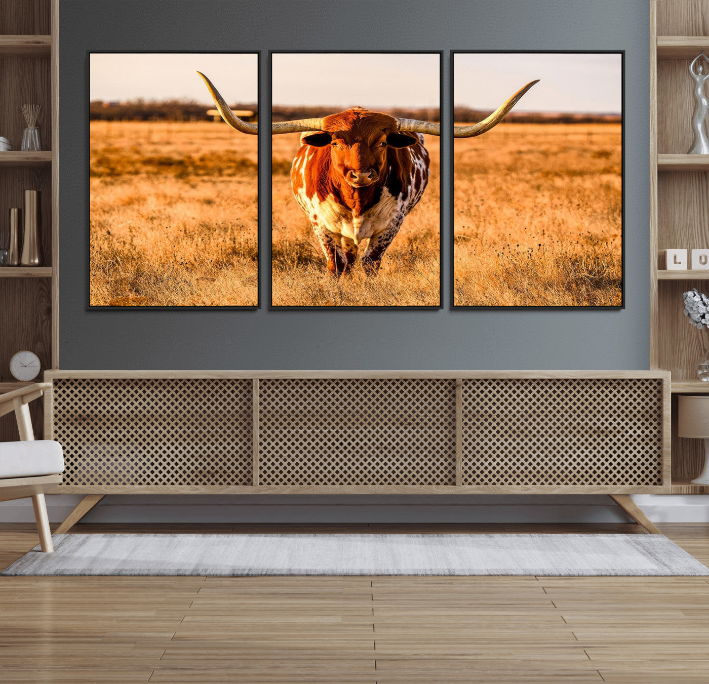 57874-MGV-FC-60X30-3P_Black-Longhorn Cow Wall Art | Ready to Hang Framed Canvas Print for Farmhouse and Barn Decor
