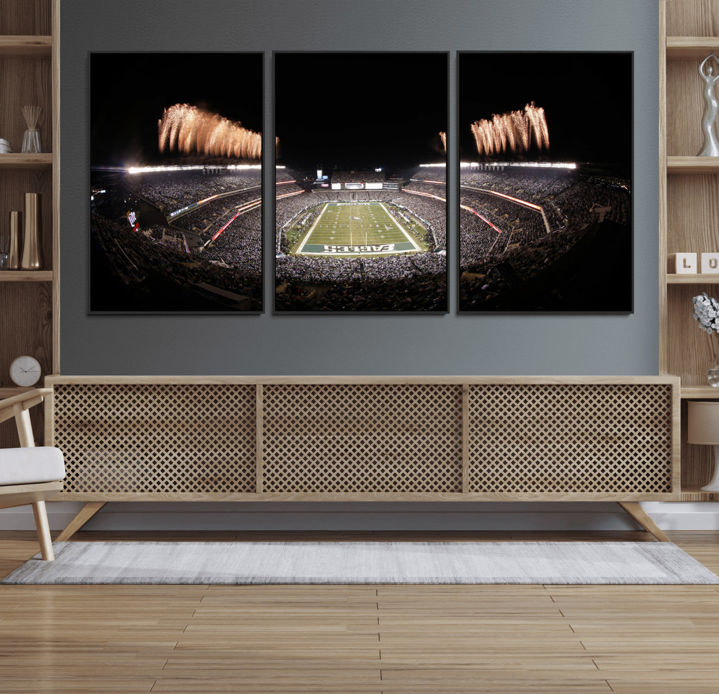 48893-MGV-FC-60X30-3P_Black-Eagles Field Stadium Wall Art - Lincoln Financial Field Fireworks Game Triple Canvas Wall Art -
