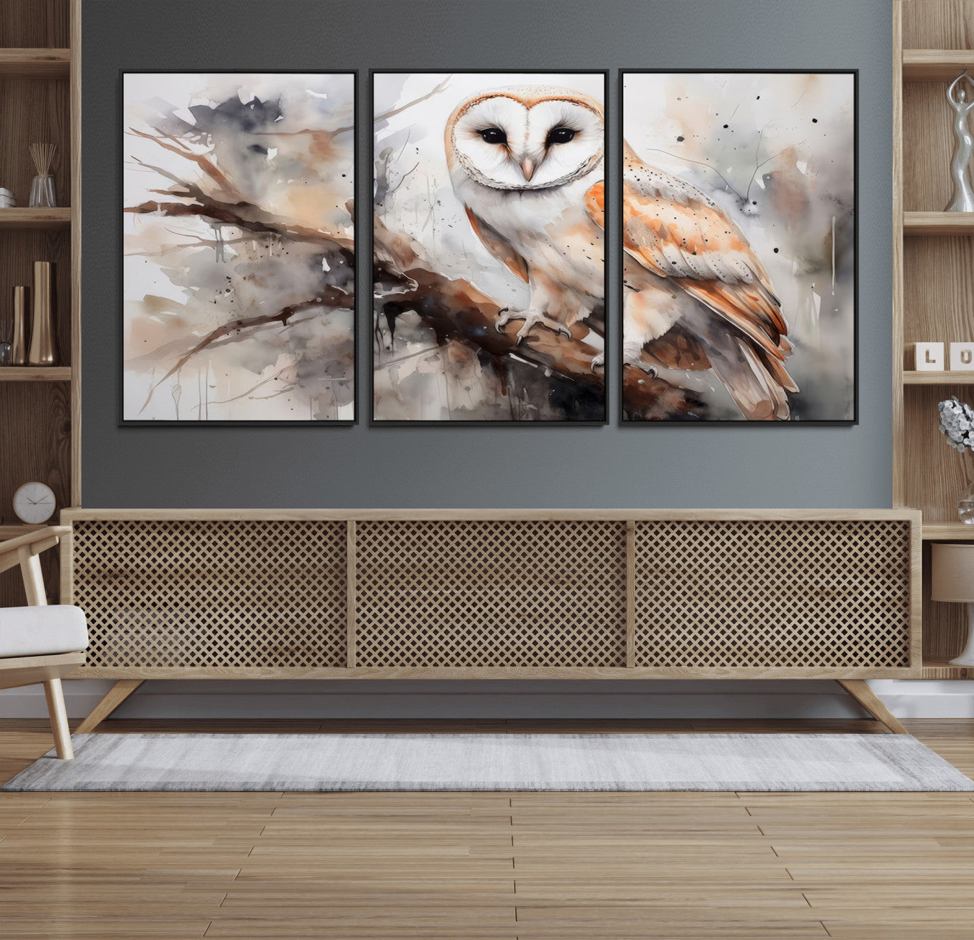 53515-MGV-FC-60X30-3P_Black-Barn Owl Wall Art | Watercolor Barn Owl Canvas Print | Perfect for Farmhouse Wall Decor | Ready to