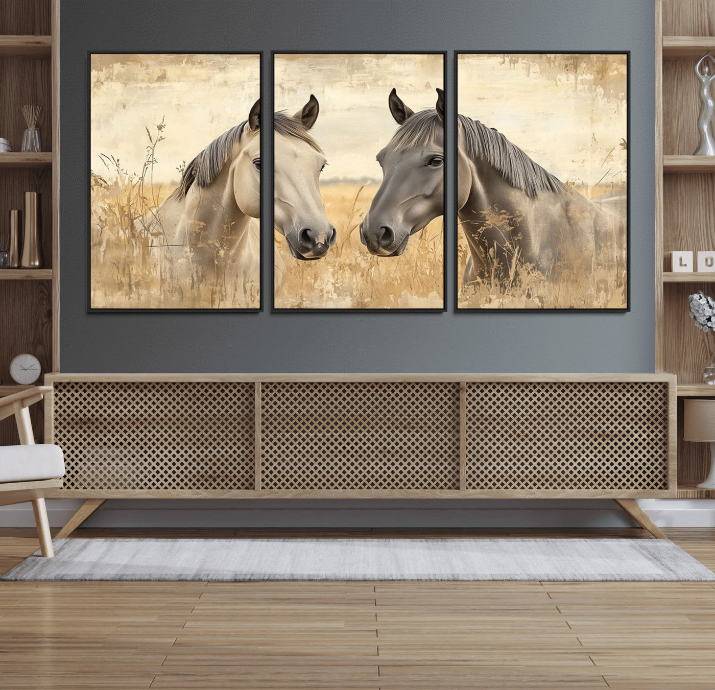 41082-MGV-FC-60X30-3P_Black-Chines Ink Style Grunge Horses Wall Art Canvas Print