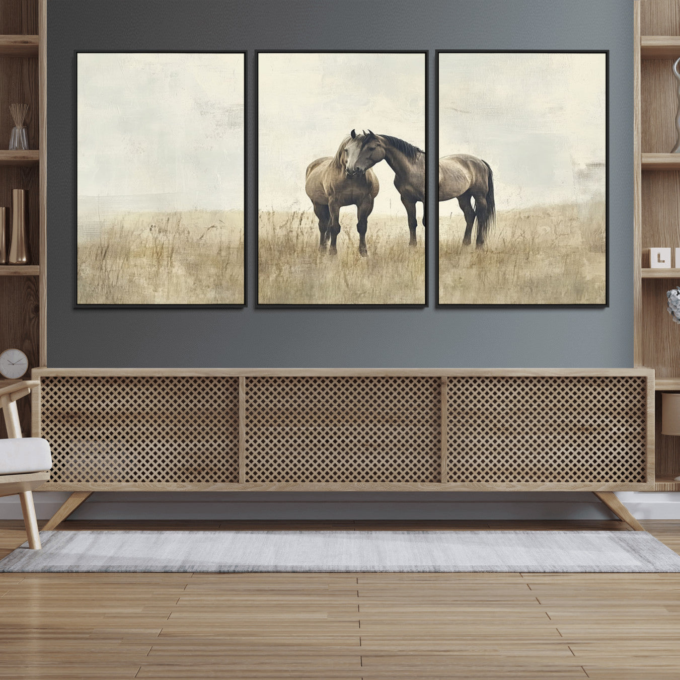 48781-MGV-FC-60X30-3P_Black-Chines Style Grunge Horses Wall Art Canvas Print