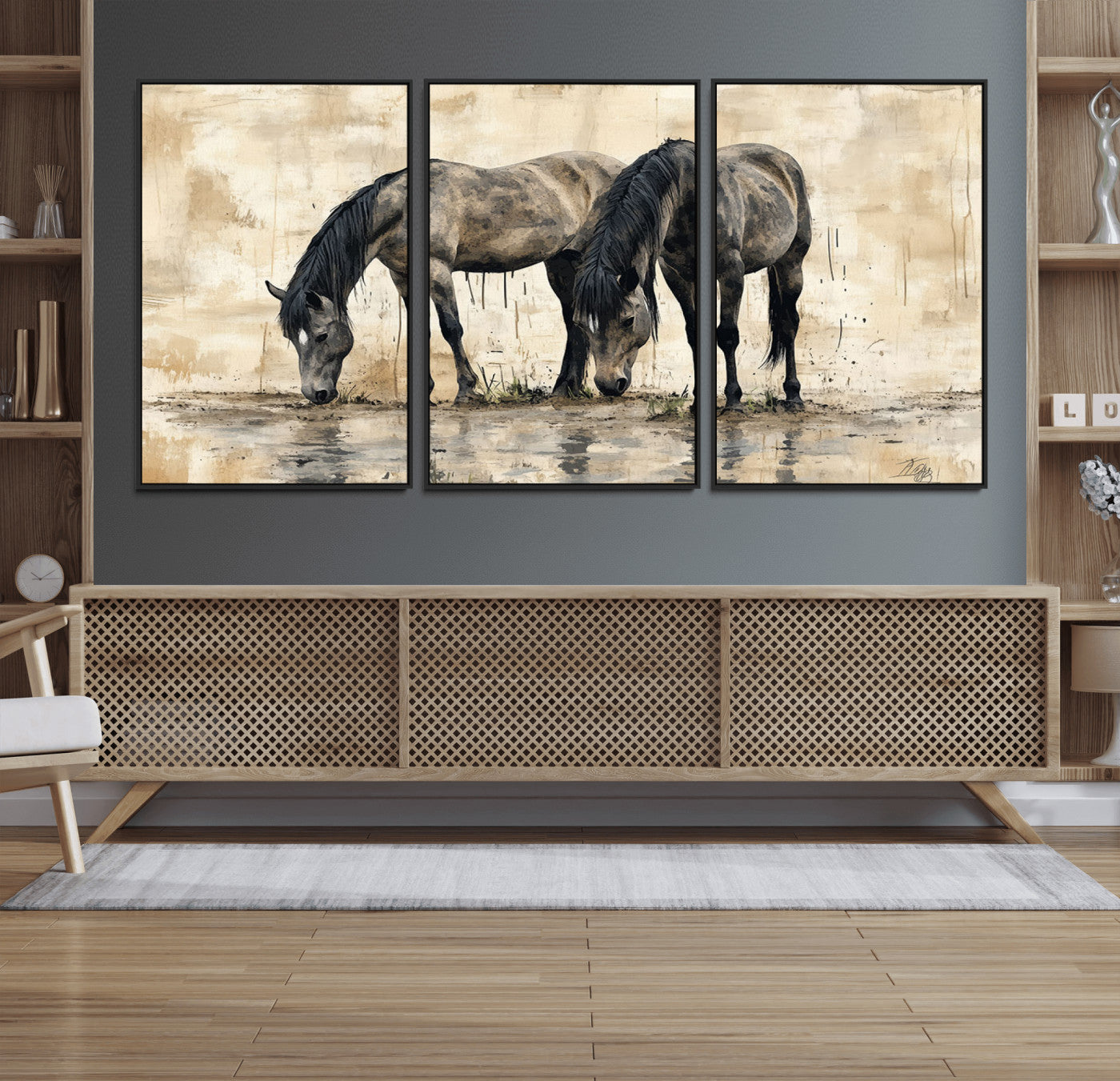 45159-MGV-FC-60X30-3P_Black-Chinese Style Abstract Black Horses Wall Art Canvas Print - Abstract Horse Wall Art Canvas Print