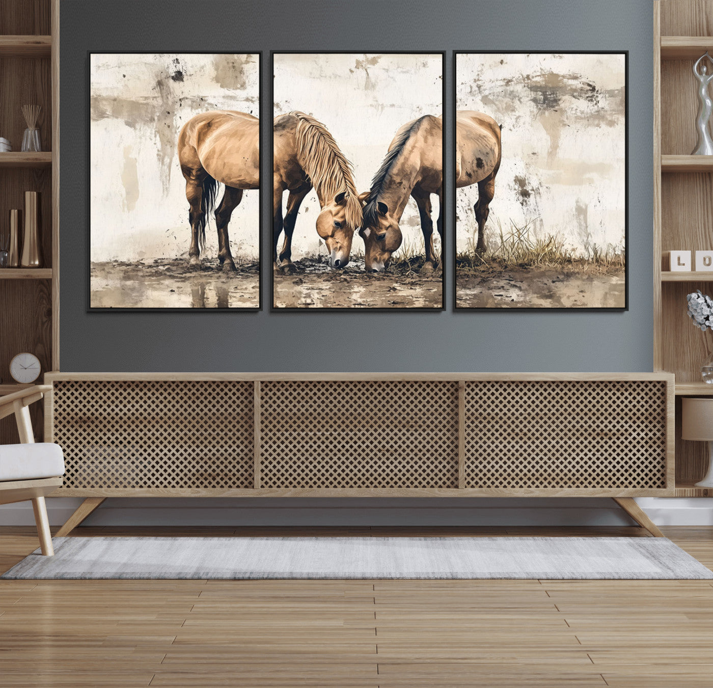 44742-MGV-FC-60X30-3P_Black-Vintage Horses Wall Art | Ready to Hang and Framed Triptych | Western Farmhouse Wall Decor for