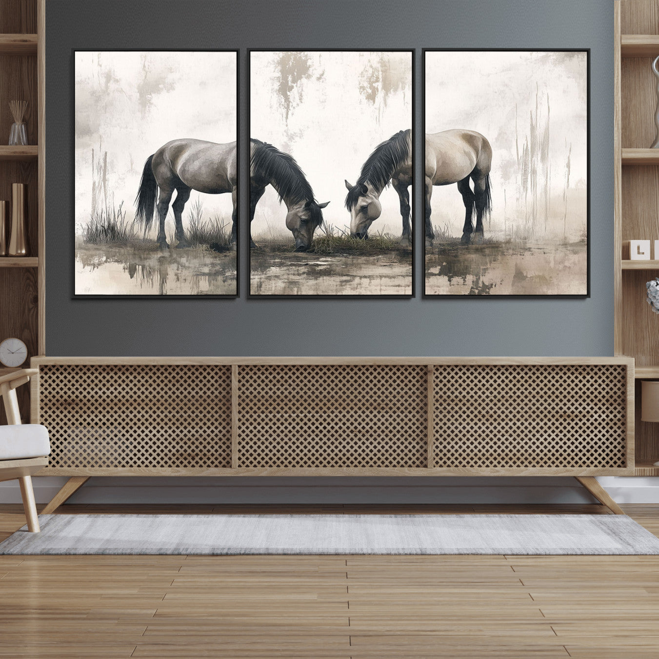 35494-MGV-FC-60X30-3P_Black-Chines Ink Style Vintage Horses Wall Art Canvas Print for Farmhouse Wall Decor