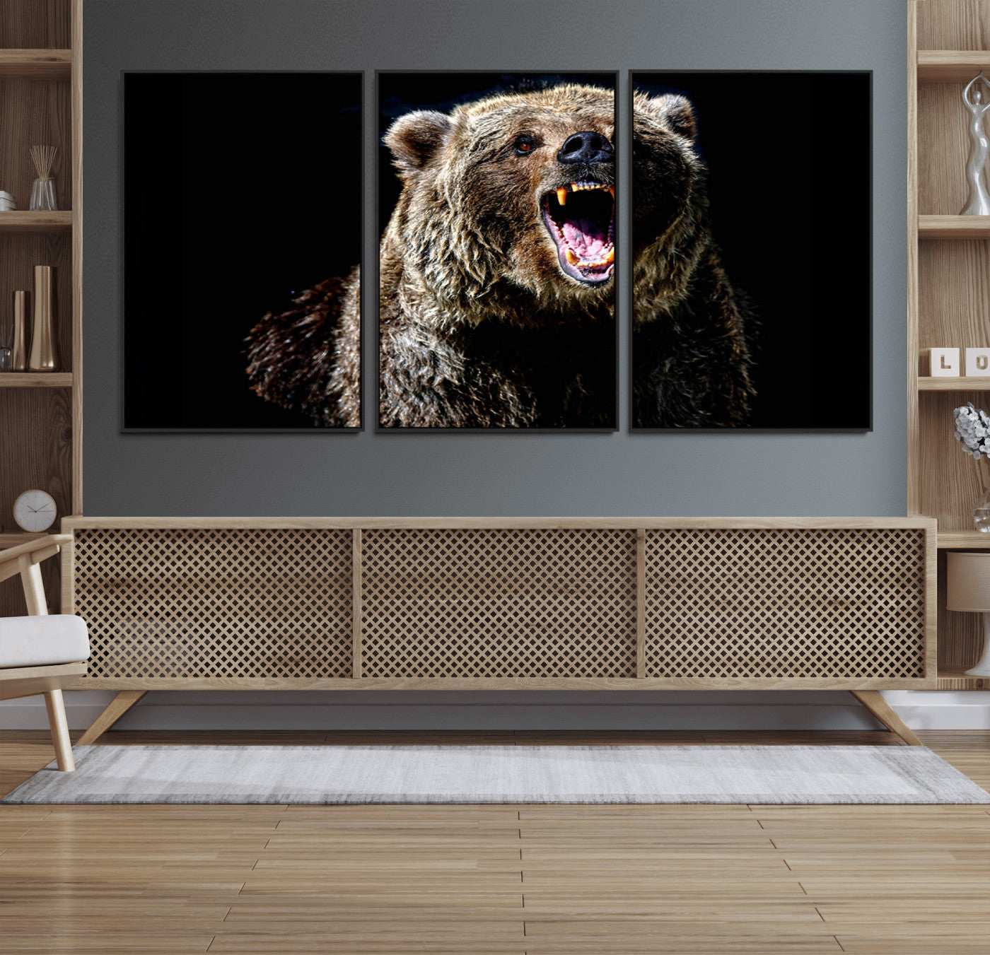 17625-MGV-FC-60X30-3P_Black-Grizzly Bear Canvas Print | Wildlife Wall Art for Cabin Decor | Ready to Hang Framed
