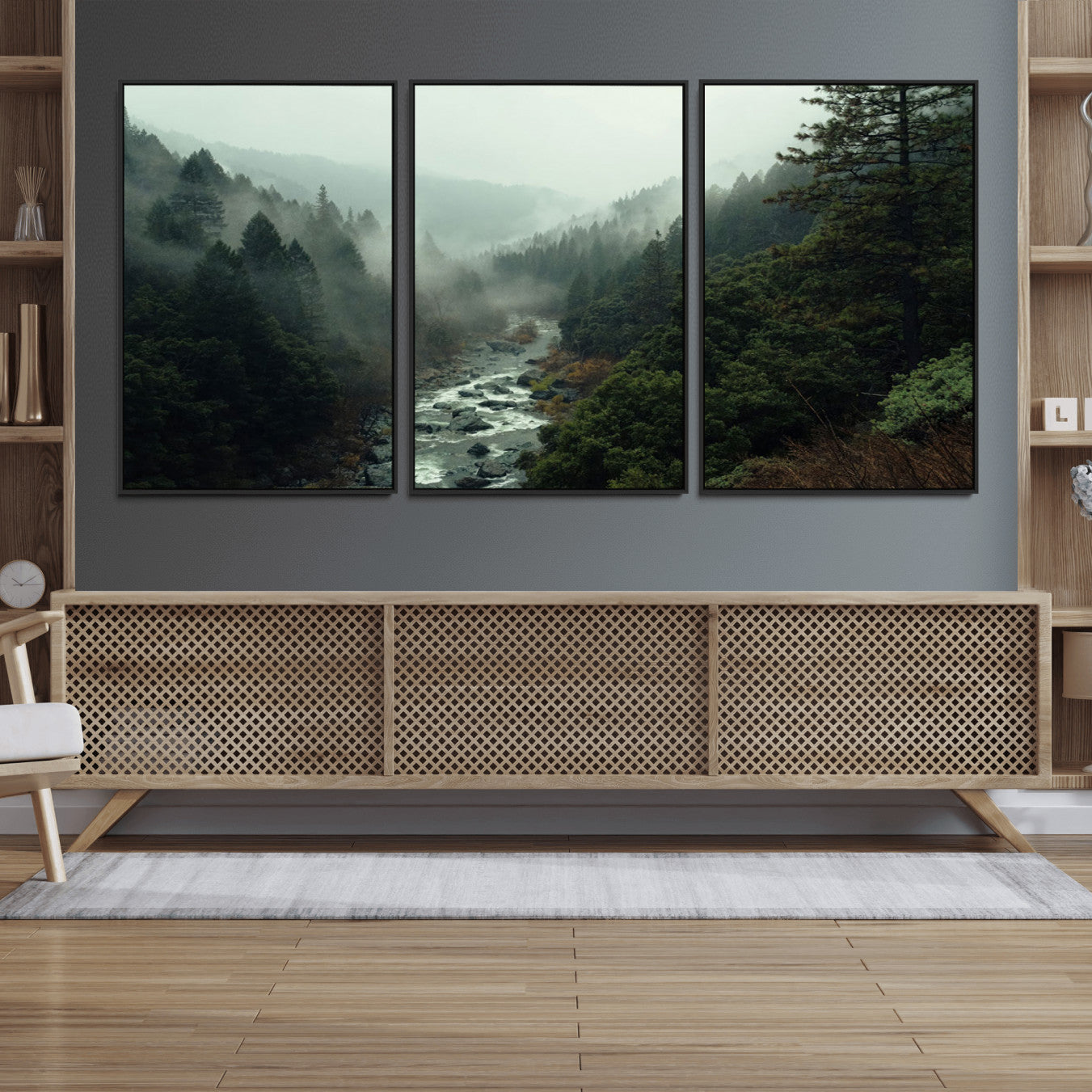 95112-MGV-FC-60X30-3P_Black-Misty Forest Wall Art | Ready to Hang and Framed | Tranquil Nature Landscape for Living Room or