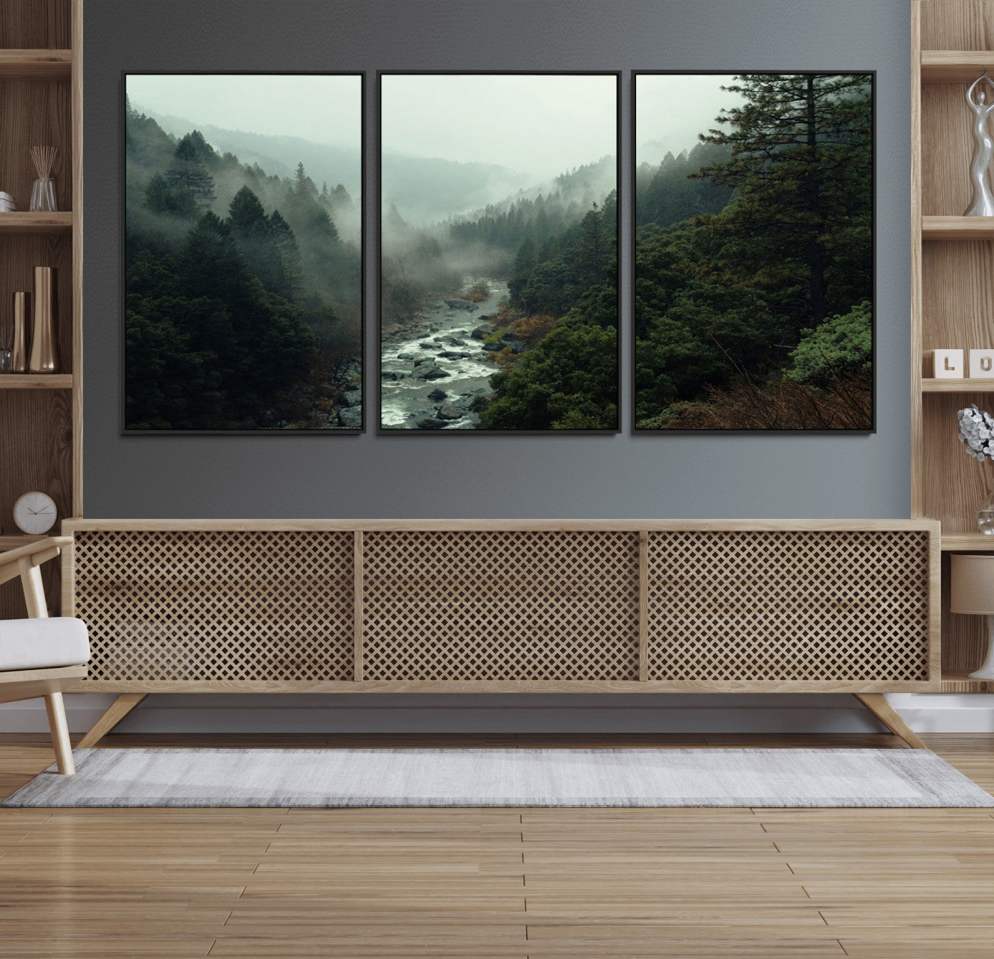95112-MGV-FC-60X30-3P_Black-Misty Forest Wall Art | Ready to Hang and Framed | Tranquil Nature Landscape for Living Room or