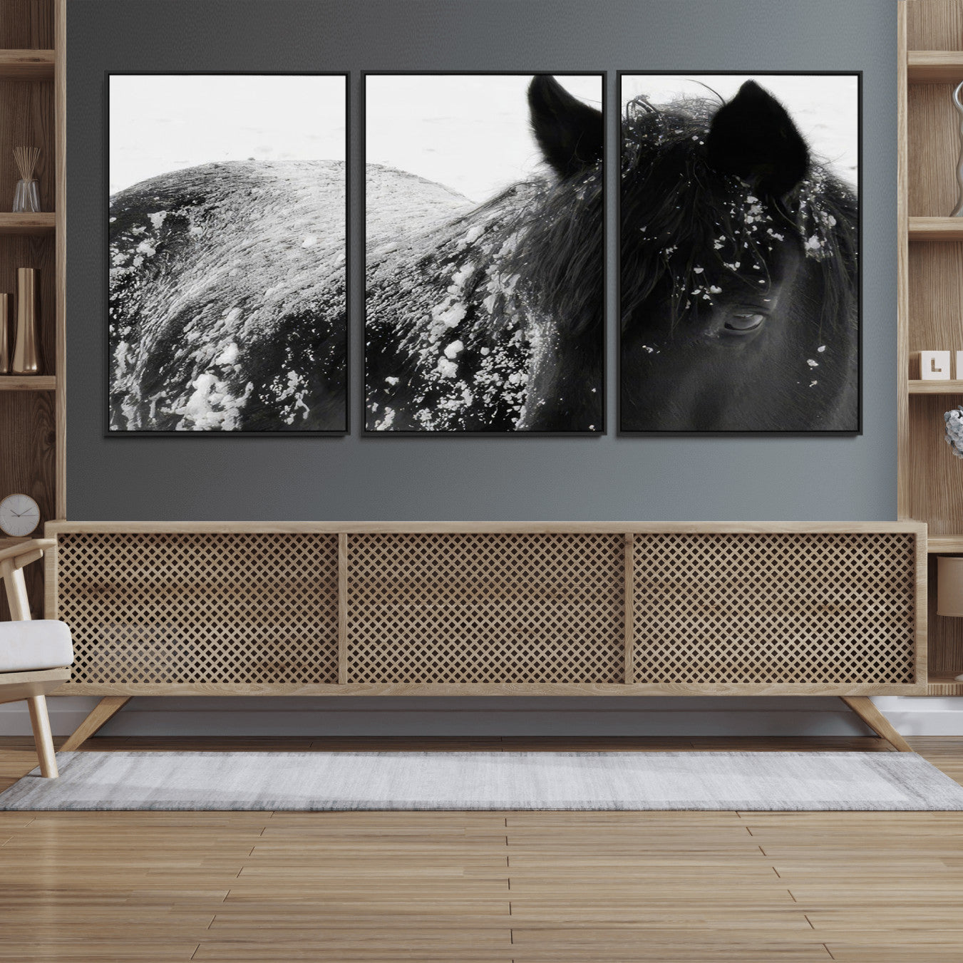 52886-MGV-FC-60X30-3P_Black-Black Horse in Snow Canvas Print | Winter Horse Wall Art | Ready to Hang and Framed | Farmhouse Wall