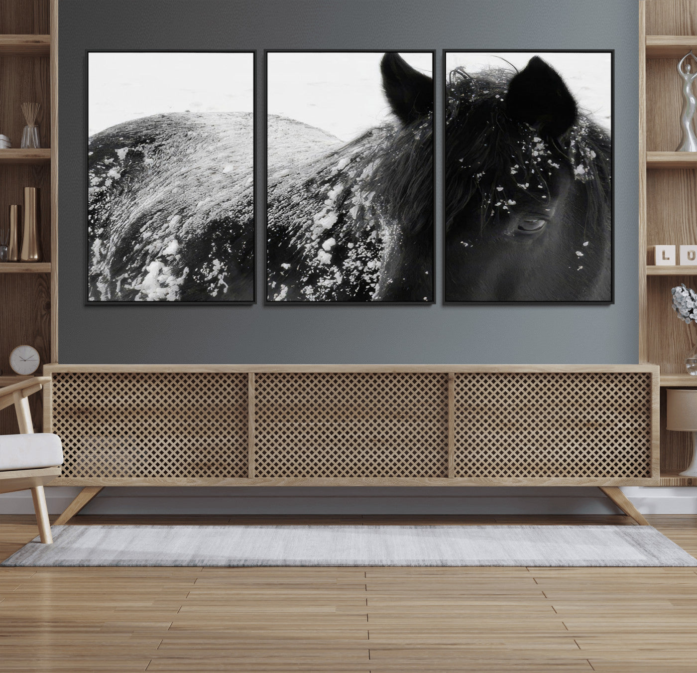 52886-MGV-FC-60X30-3P_Black-Black Horse in Snow Canvas Print | Winter Horse Wall Art | Ready to Hang and Framed | Farmhouse Wall