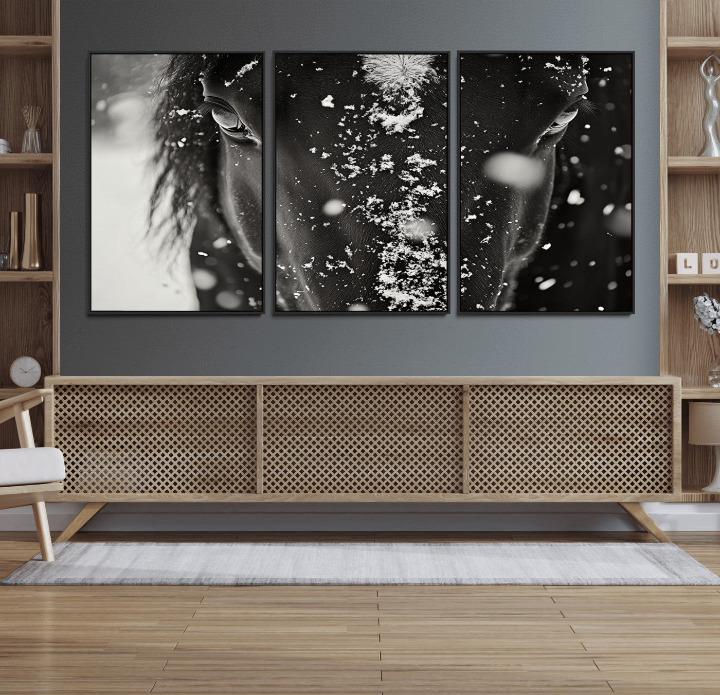 73281-MGV-FC-60X30-3P_Black-Winter Horse Snow Wall Art Canvas Print