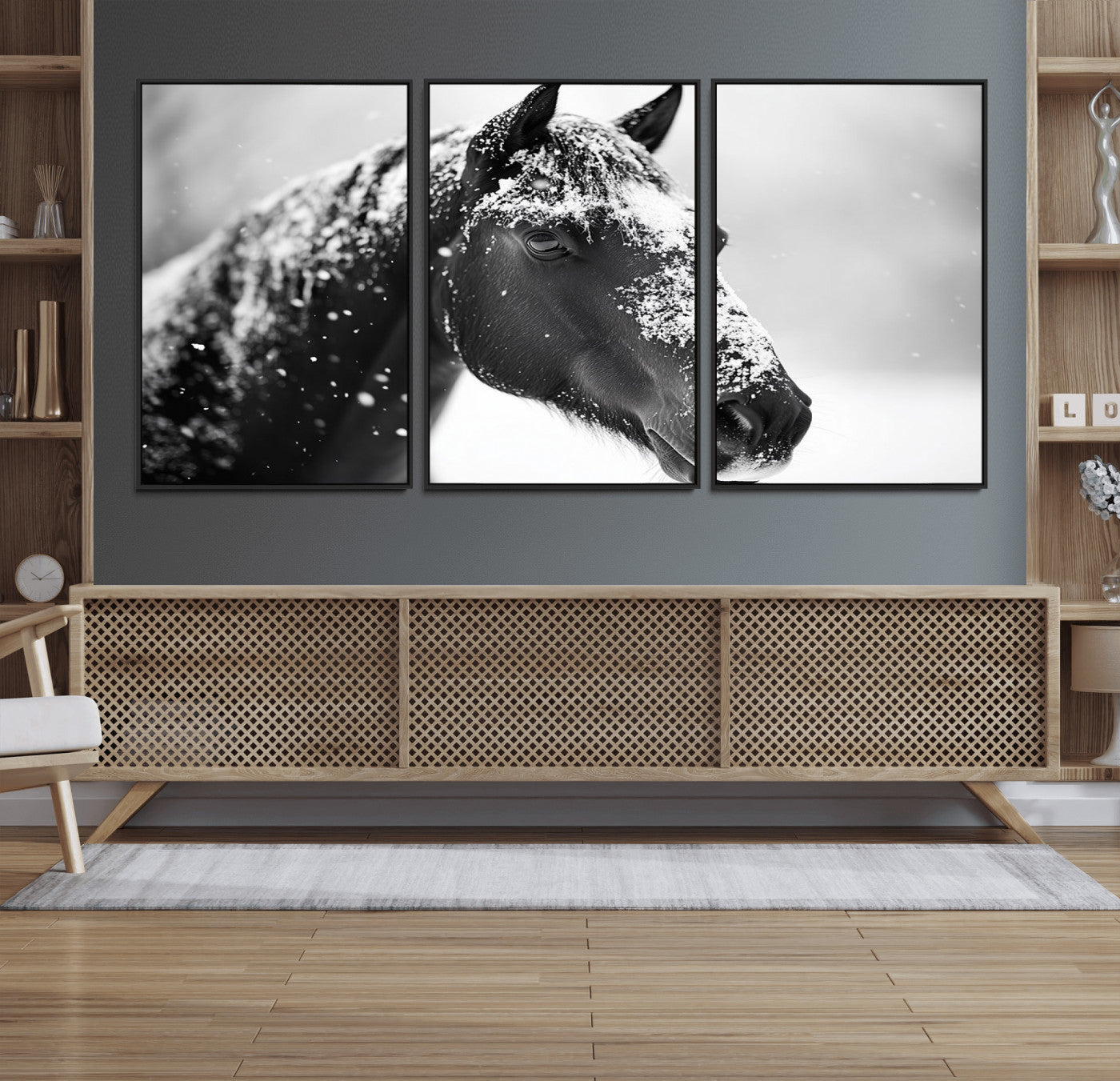 73377-MGV-FC-60X30-3P_Black-Horse Canvas Print - Winter Horse Snow Wall Art Canvas Print