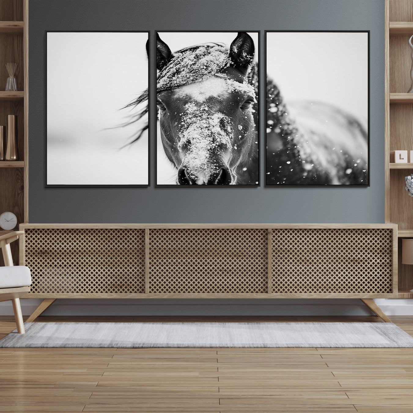 58804-MGV-FC-60X30-3P_Black-Western Wall Art | Black and White Winter Horse Wall Art | Ready to Hang and Framed | Farmhouse and