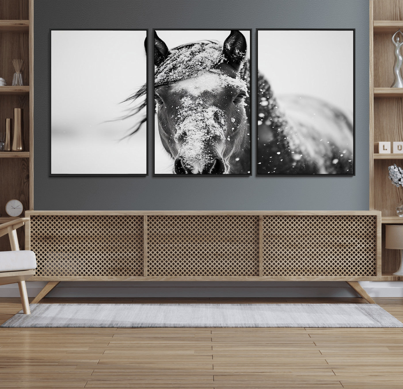 58804-MGV-FC-60X30-3P_Black-Western Wall Art | Black and White Winter Horse Wall Art | Ready to Hang and Framed | Farmhouse and