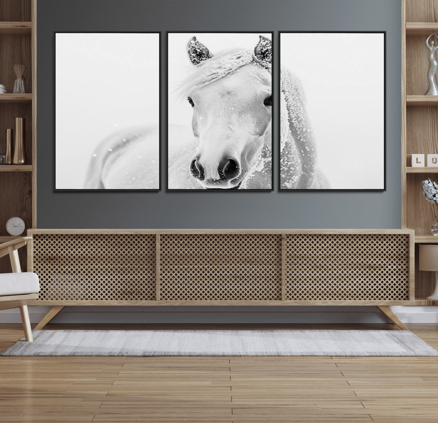 74782-MGV-FC-60X30-3P_Black-Majestic White Horse Wall Art | Ready to Hang and Framed | Farmhouse Wall Decor for Living Room