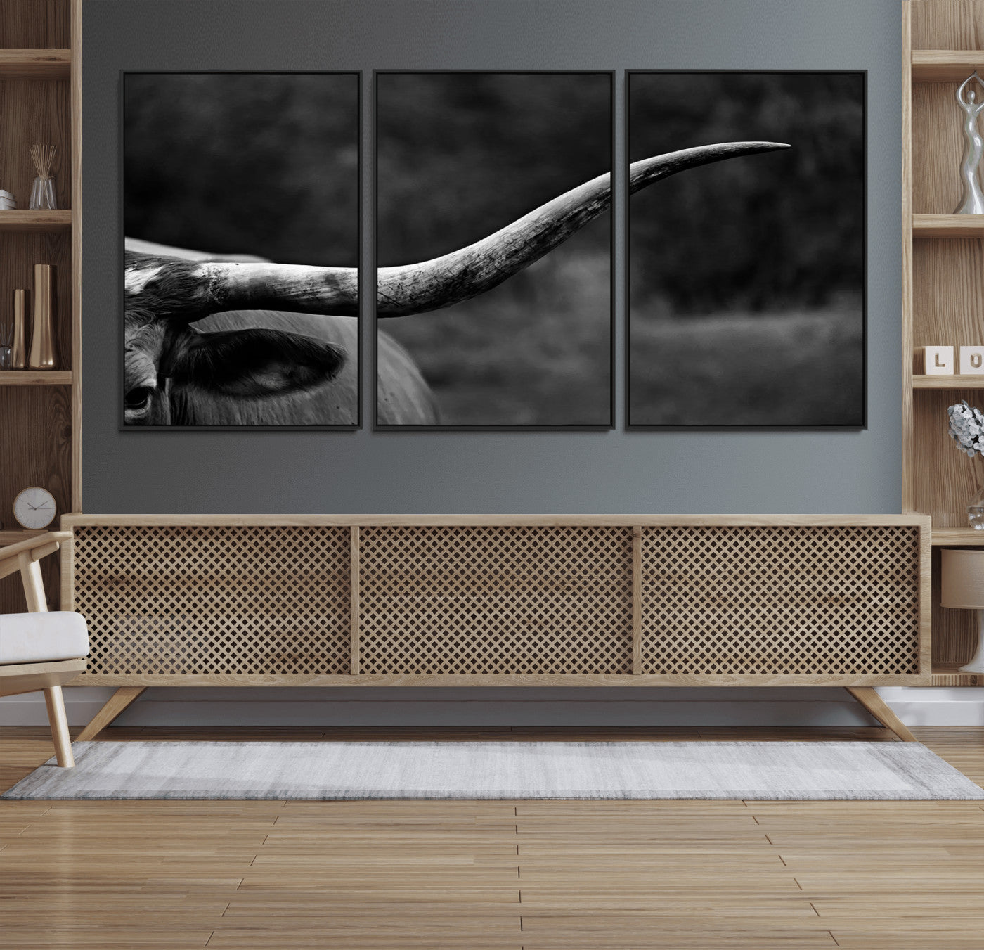 96654-MGV-FC-60X30-3P_Black-Cow Longhorn Wall Art | Black and White Print | Ready to Hang and Framed | Farmhouse Wall Decor |