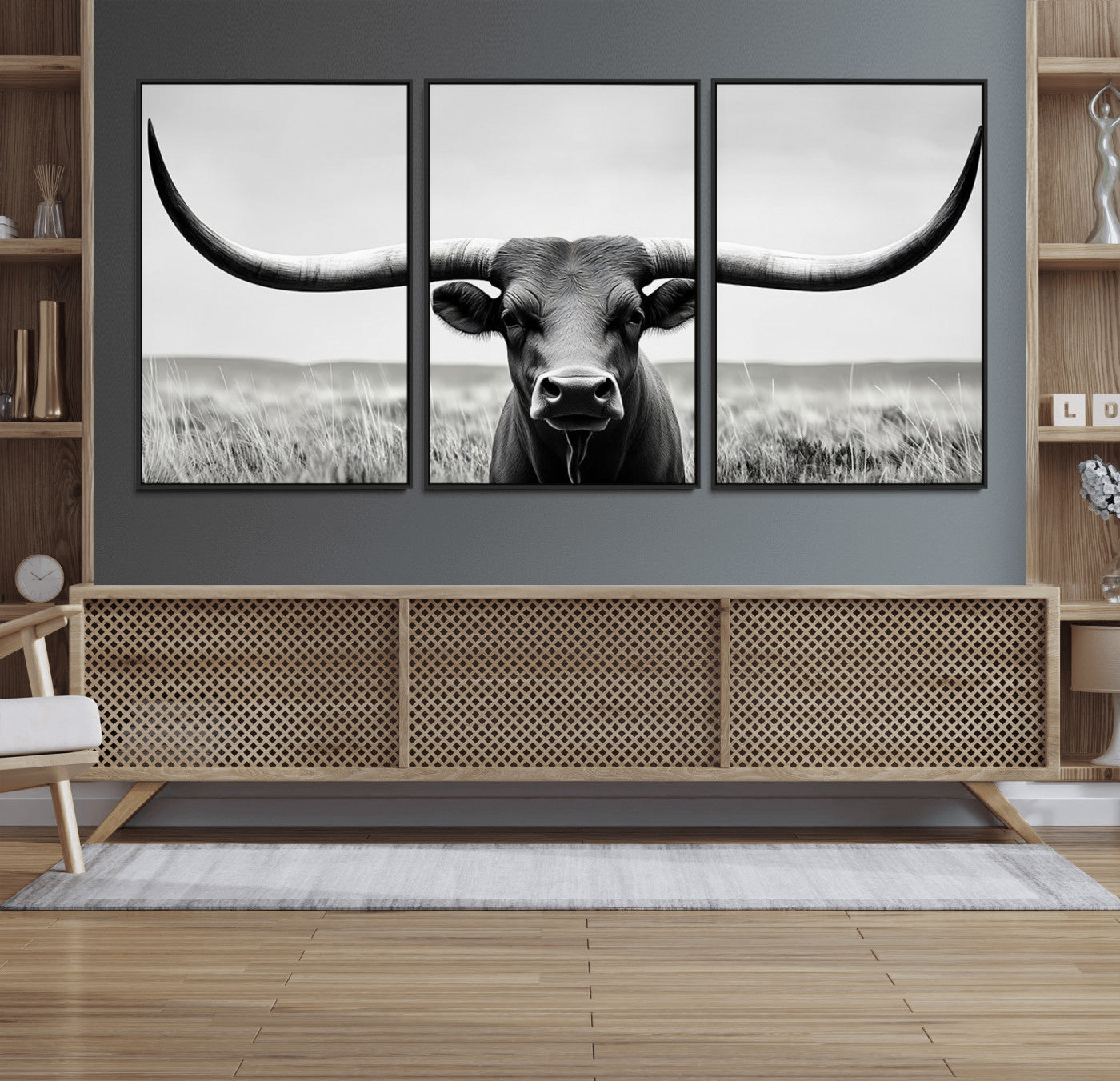 73780-MGV-FC-60X30-3P_Black-Longhorn Bull Canvas Print | Rustic Farmhouse Wall Art | Western Decor | Ready to Hang and Framed