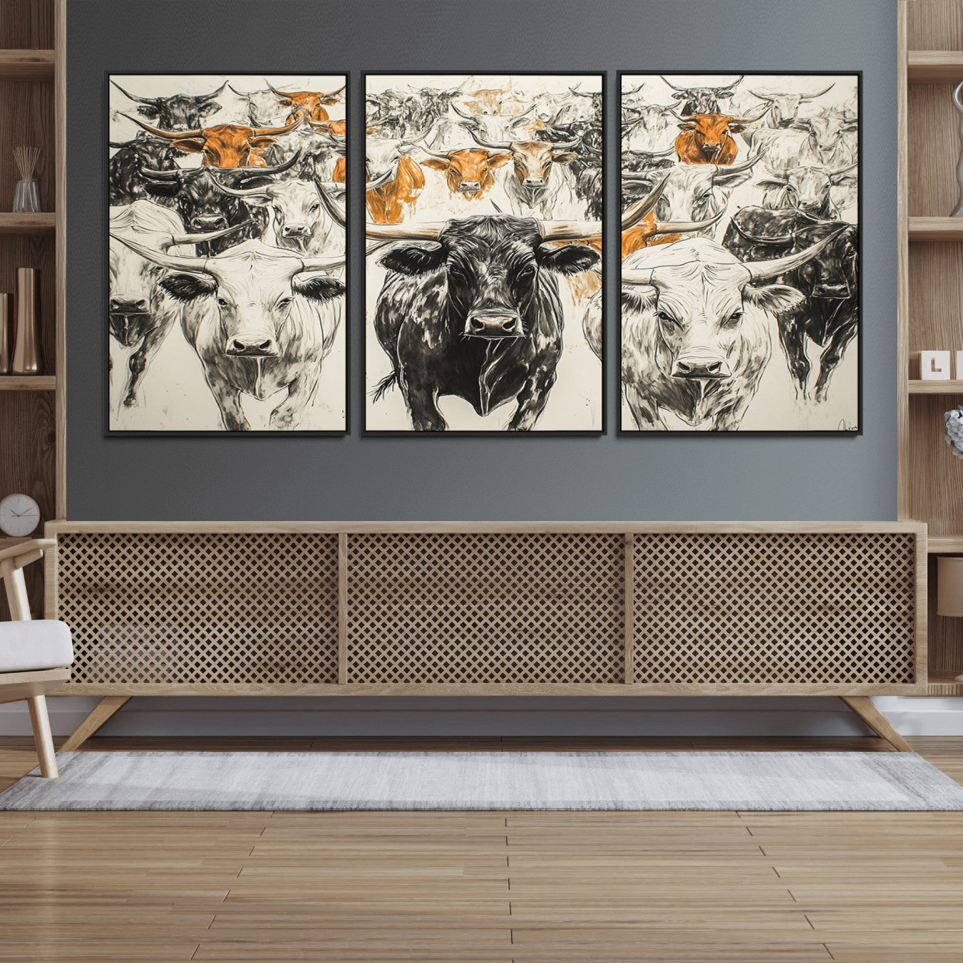 79794-MGV-FC-60X30-3P_Black-Farmhouse Wall Art | Western Longhorn Cattle Canvas Print | Ready to Hang and Framed Barn Decor