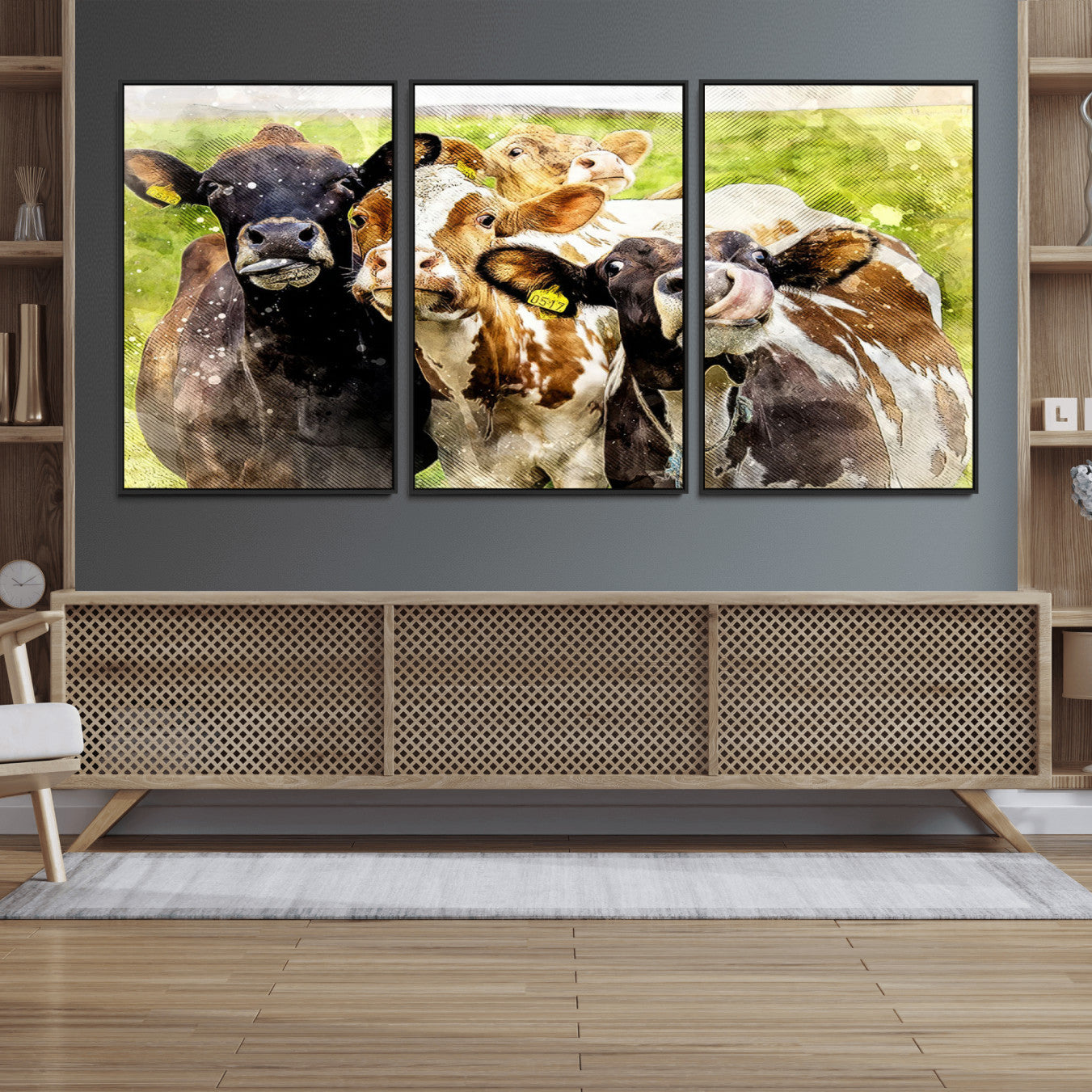 62642-MGV-CV-36X24-Curious Cows Farmhouse Wall Art | Ready to Hang and Framed Canvas Print | Rustic Farm Decor