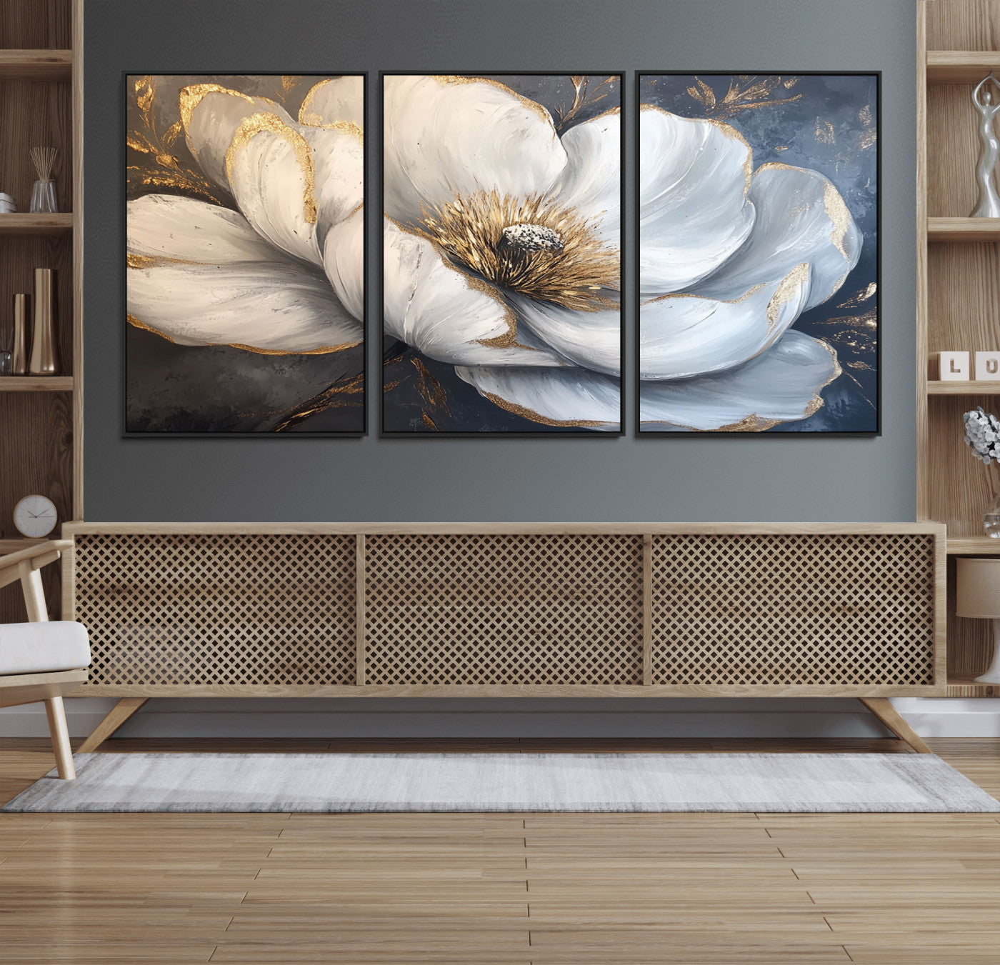 82996-MGV-FC-60X30-3P_Black-White Magnolia Flower Wall Art Canvas Print | Abstract Floral Wall Decor | Elegant Bloom Artwork |