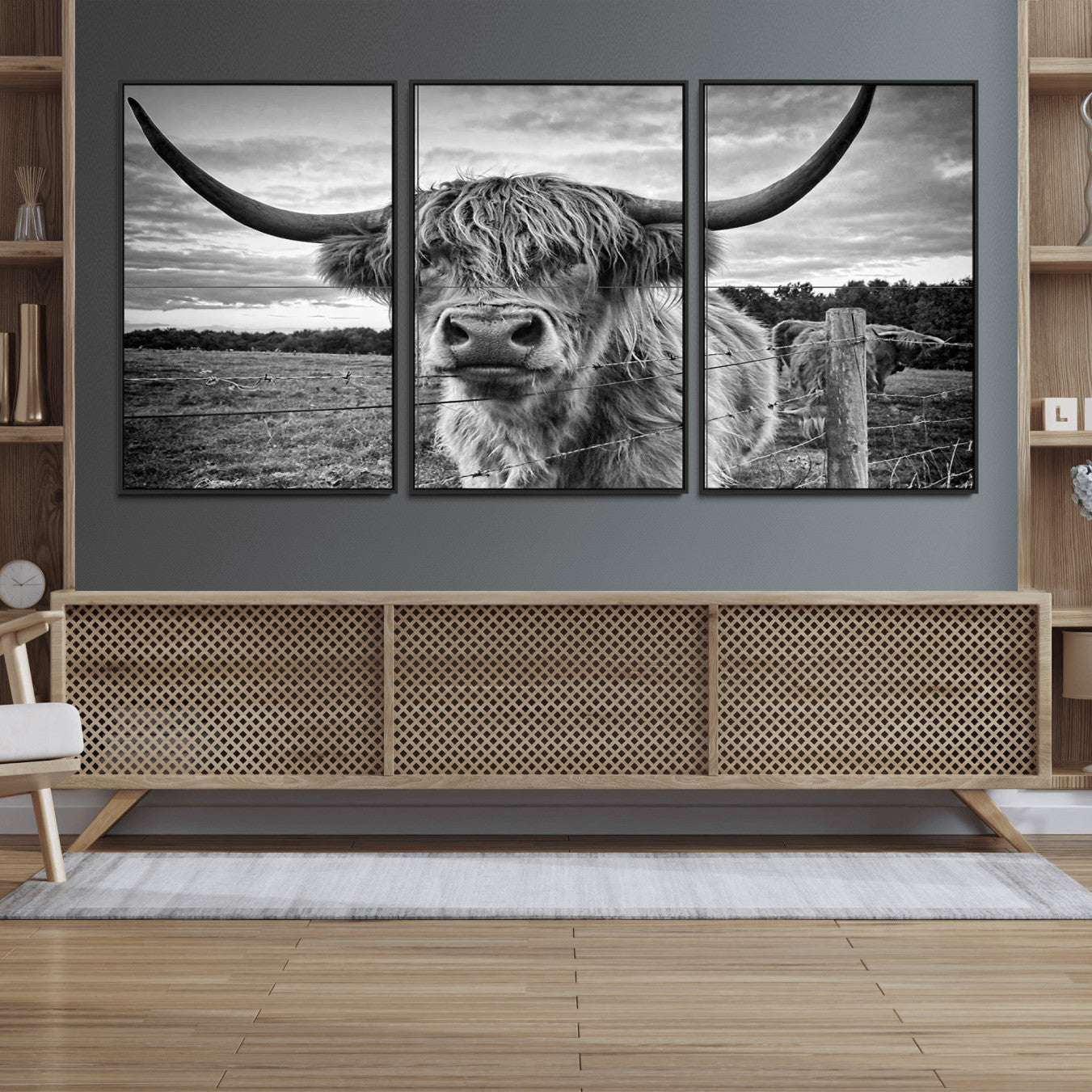 71937-MGV-FC-60X30-3P_Black-Scottish Highland Cow Canvas Wall Art Farmhouse Decor, Framed Scottish Highland Cow Print