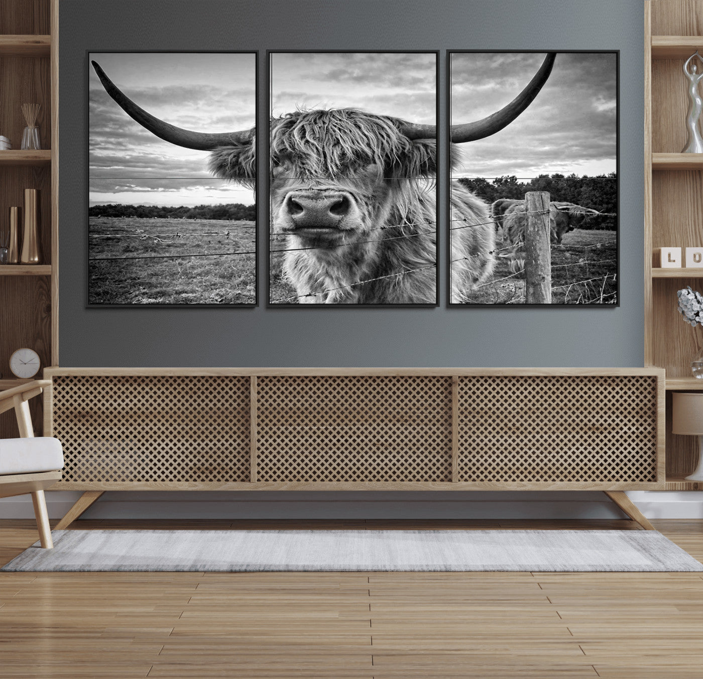 71937-MGV-FC-60X30-3P_Black-Scottish Highland Cow Canvas Wall Art Farmhouse Decor, Framed Scottish Highland Cow Print
