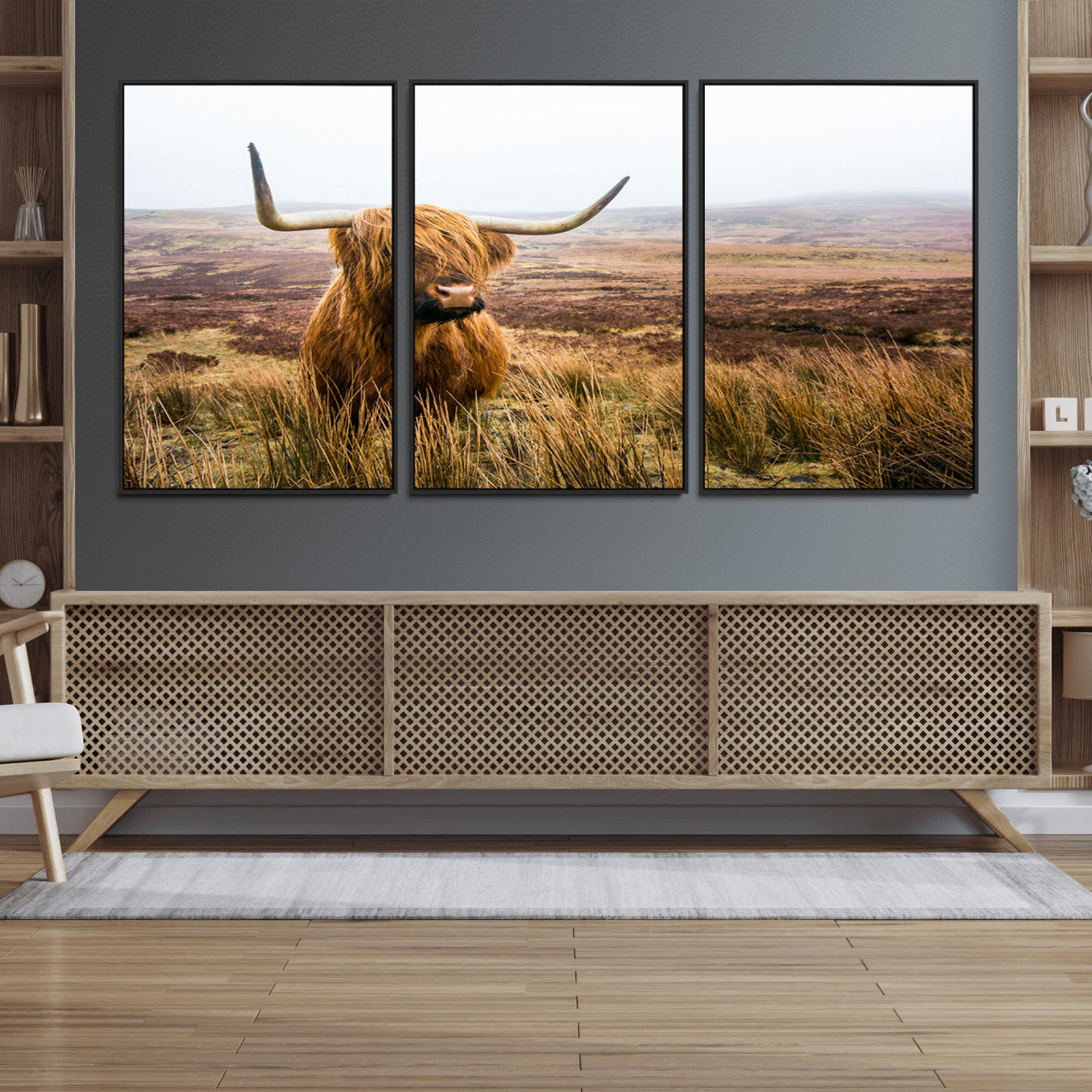 97274-MGV-FC-60X30-3P_Black-Scottish Highland Cow Canvas Wall Art – Rustic Farmhouse Charm with Highland Cattle – Ready to Hang