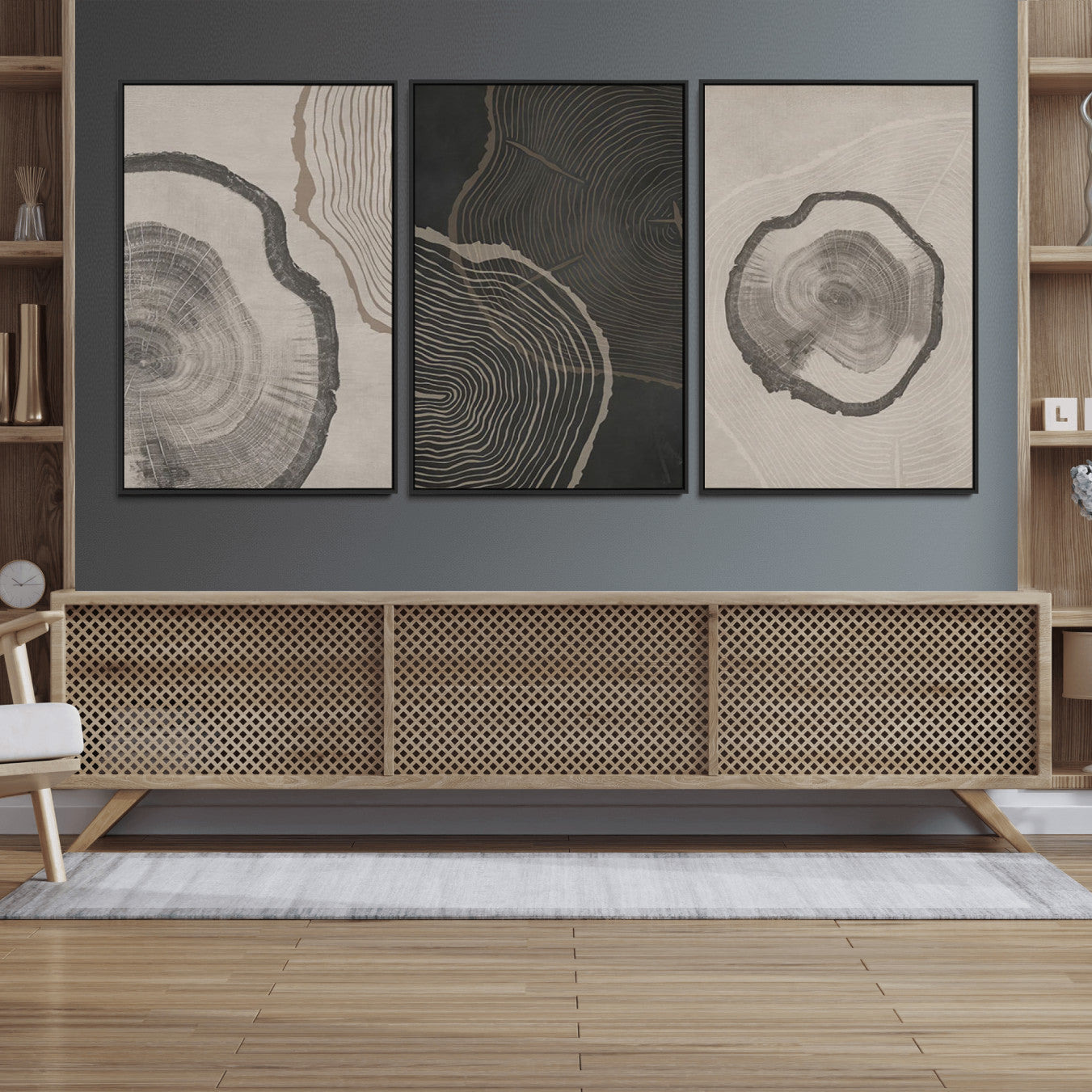 25407-MGV-FC-60X30-3P_Black-Minimalist Tree Rings Wall Art | Modern Abstract Canvas Print Set | Ready to Hang and Framed |