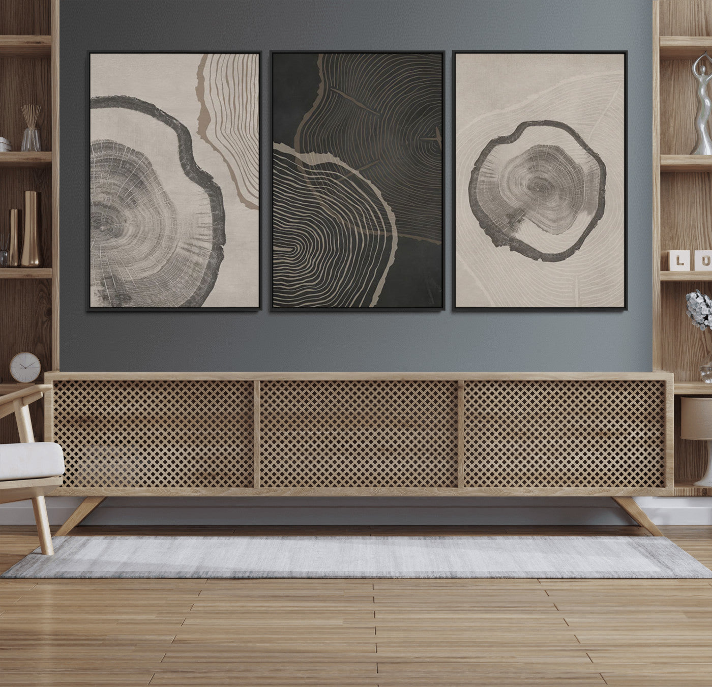 25407-MGV-FC-60X30-3P_Black-Modern Abstract Tree Ring Canvas Art Set | 3 Panel Large Tree Ring Design for Living Room, Office,