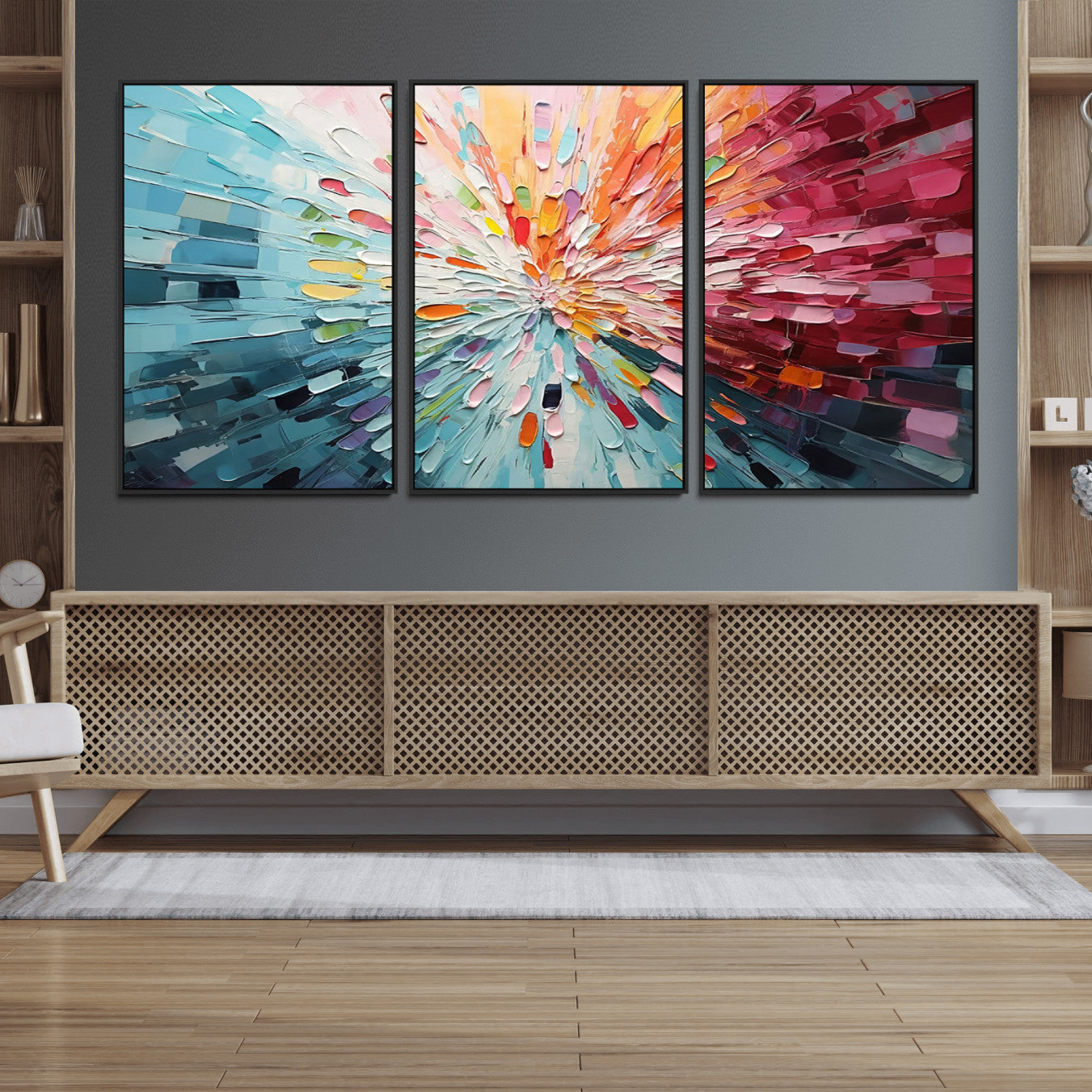 47065-MGV-FC-60X30-3P_Black-Radiant Bloom Abstract Floral Wall Art Canvas Print - Colorful Burst - Modern Living Room Decor -