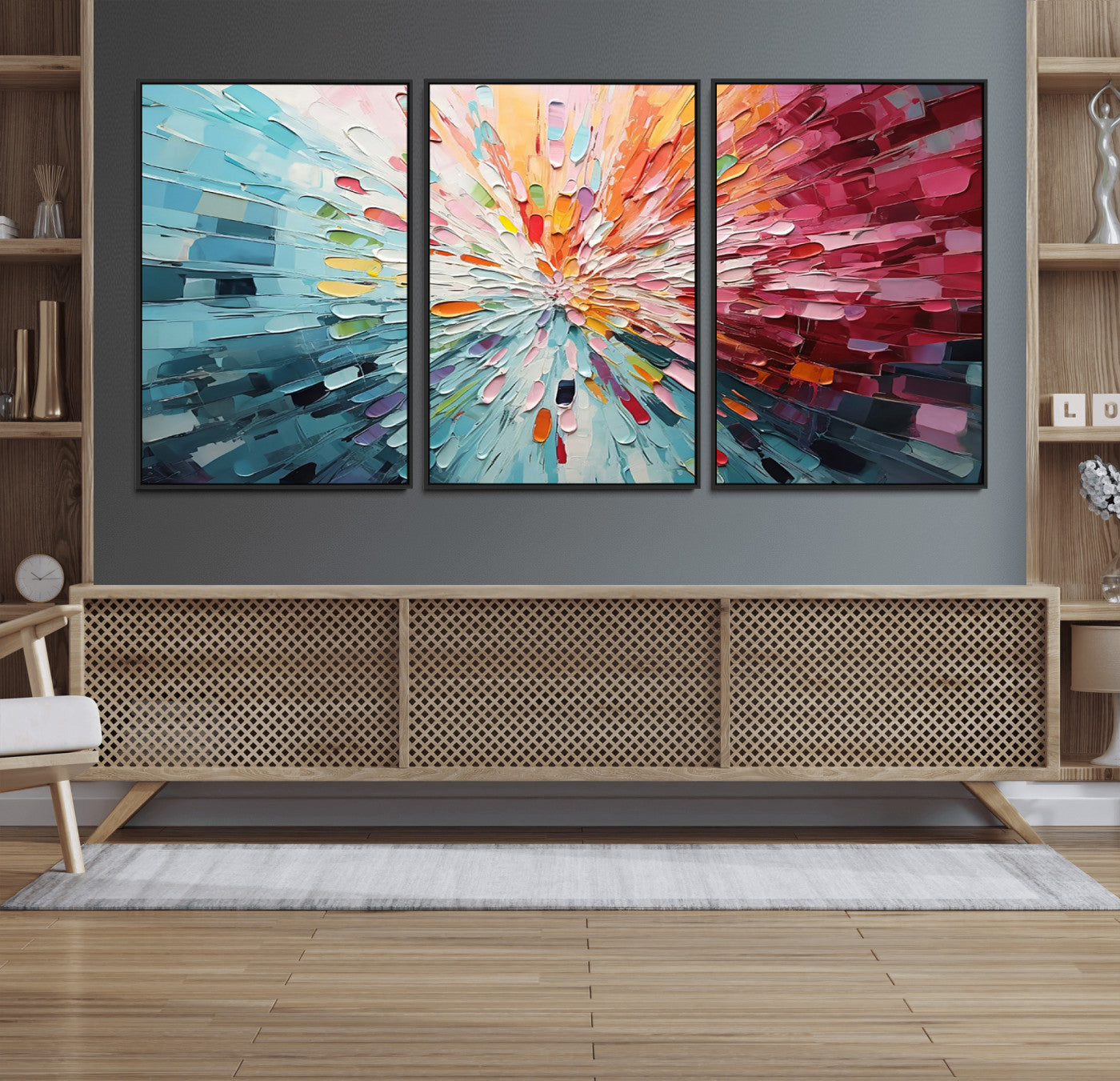 47065-MGV-FC-60X30-3P_Black-Radiant Bloom Abstract Floral Wall Art Canvas Print - Colorful Burst - Modern Living Room Decor -