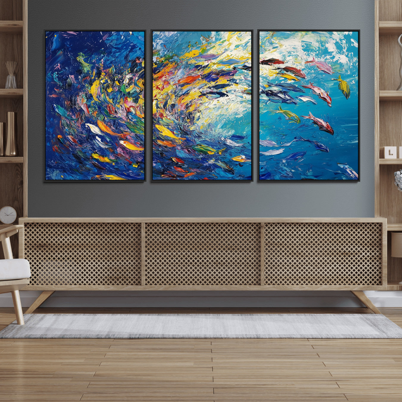 48161-MGV-FC-60X30-3P_Black-Colorful Swirling Fish School Wall Art Canvas Print | Oceanic Abstract Painting | Ready to Hang |