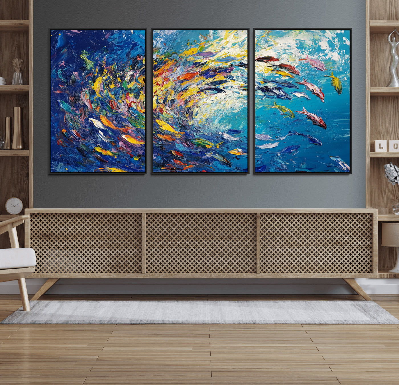 48161-MGV-FC-60X30-3P_Black-Colorful Swirling Fish School Wall Art Canvas Print | Oceanic Abstract Painting | Ready to Hang |