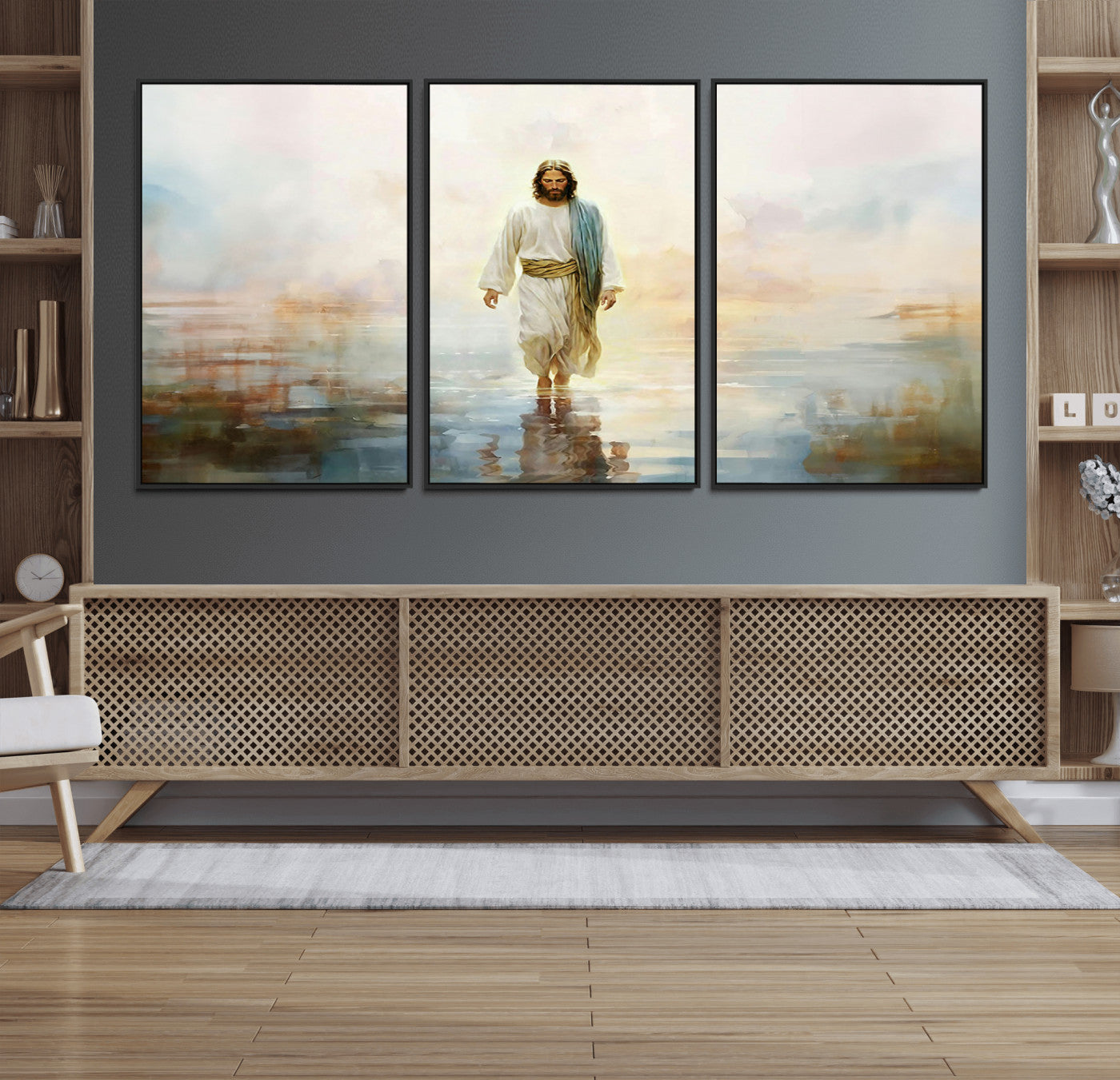 41795-MGV-FC-60X30-3P_Black-Framed Jesus Walking on Water Wall Art - 3-Panel Christian Canvas Prints, Religious Artwork for
