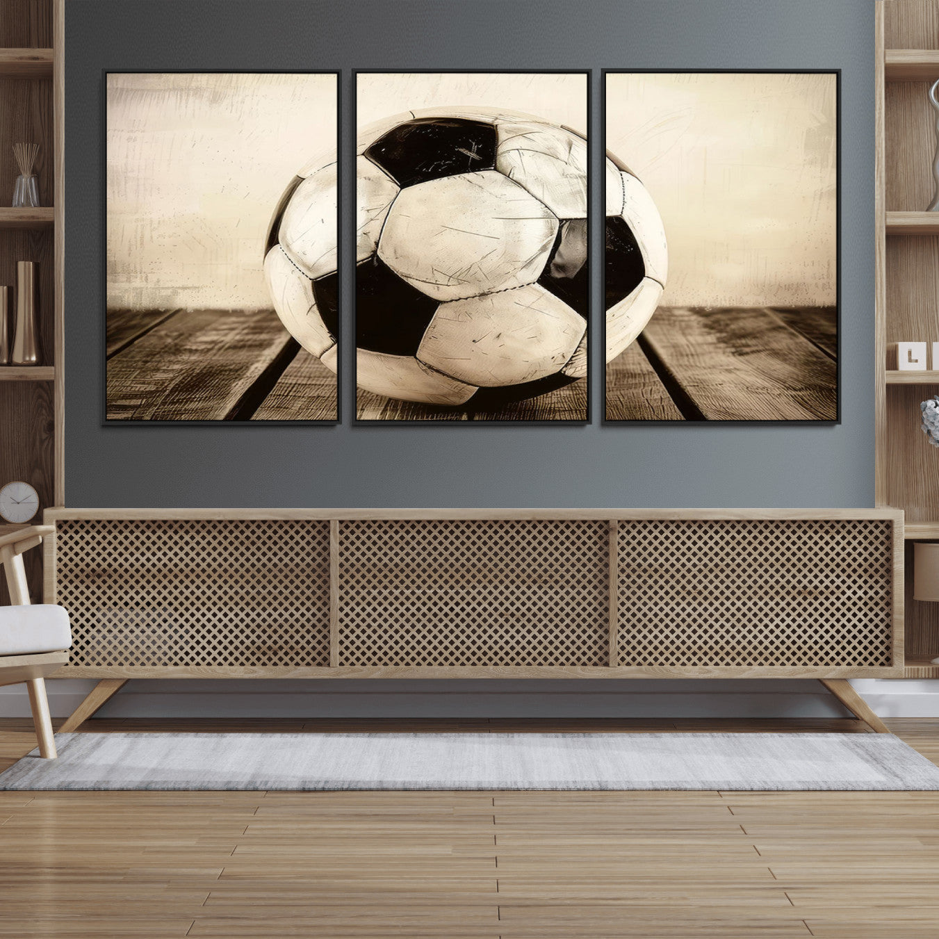 24319-MGV-FC-60X30-3P_Black-Vintage Soccer Ball Wall Decor Canvas Art – 3-Panel Soccer Wall Decor, Framed and Ready to Hang