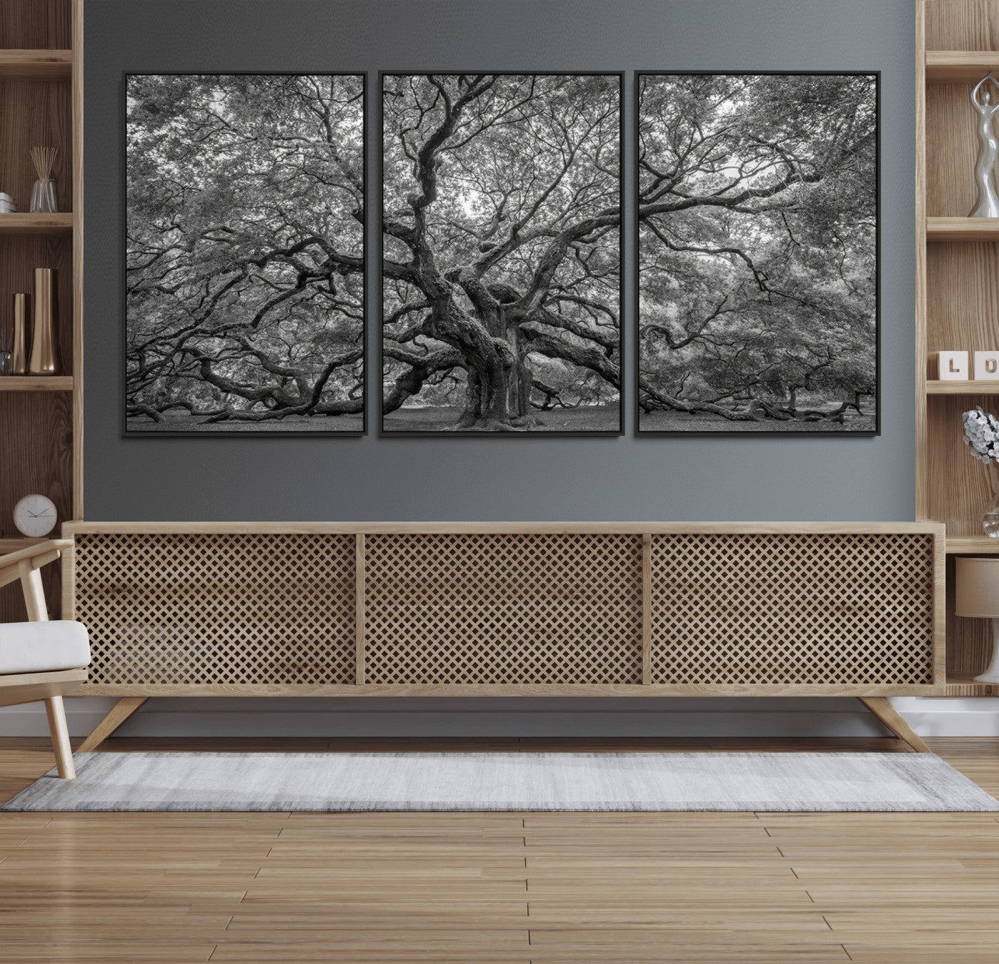 97240-MGV-FC-60X30-3P_Black-Majestic Angel Oak Tree Black and White Canvas Print – Multi Panel Wall Art, Giclée Print, Ready to