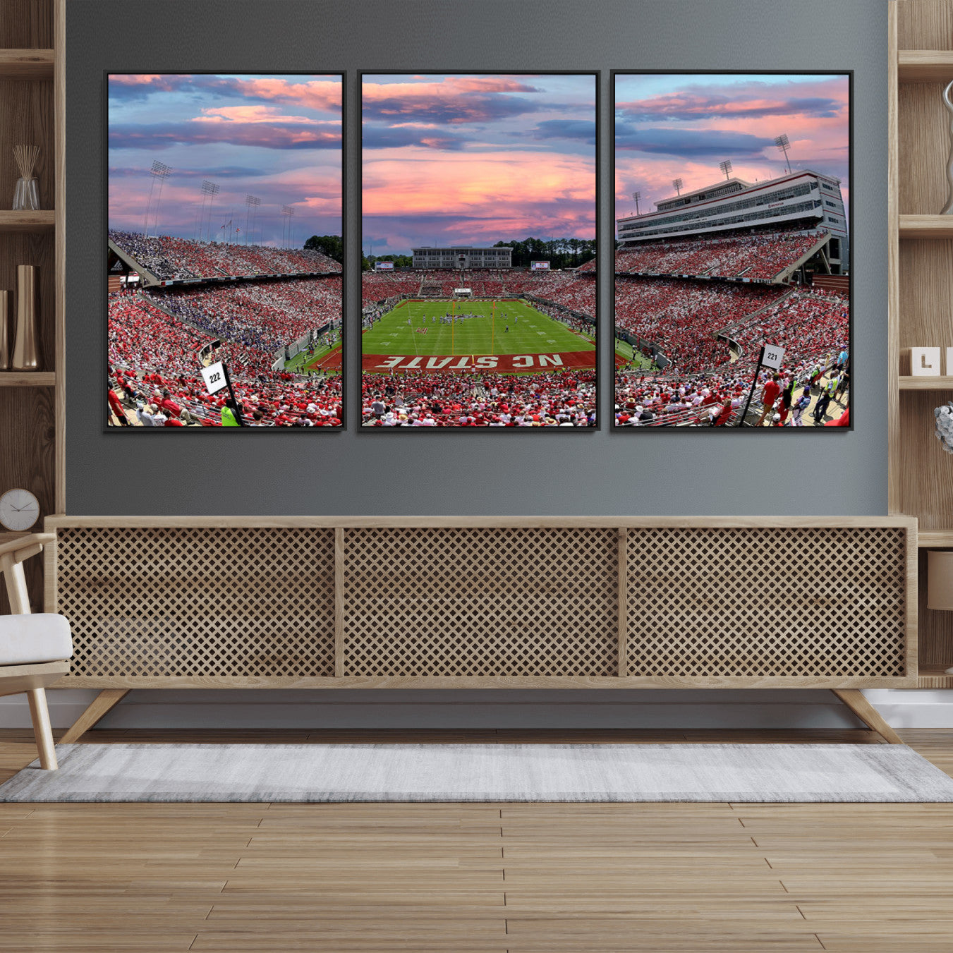 75072-MGV-FC-60X30-3P_Black-Carter-Finley Stadium Art Sunset Game Triple Canvas Wall Art - NC State Wolfpack Football Match