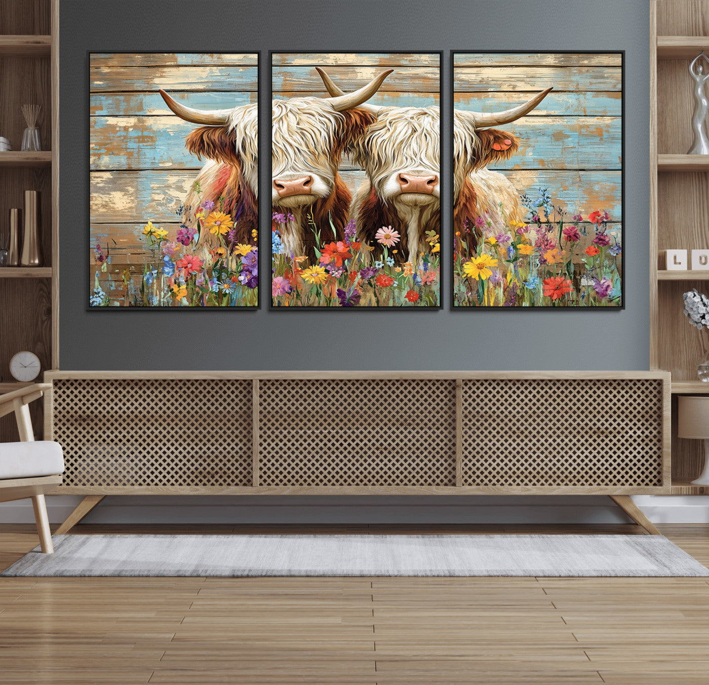 36972-MGV-FC-60X30-3P_Black-Cute Highland Cow Canvas Wall Art - Rustic Farmhouse Decor with Colorful Flowers Perfect Wall Art