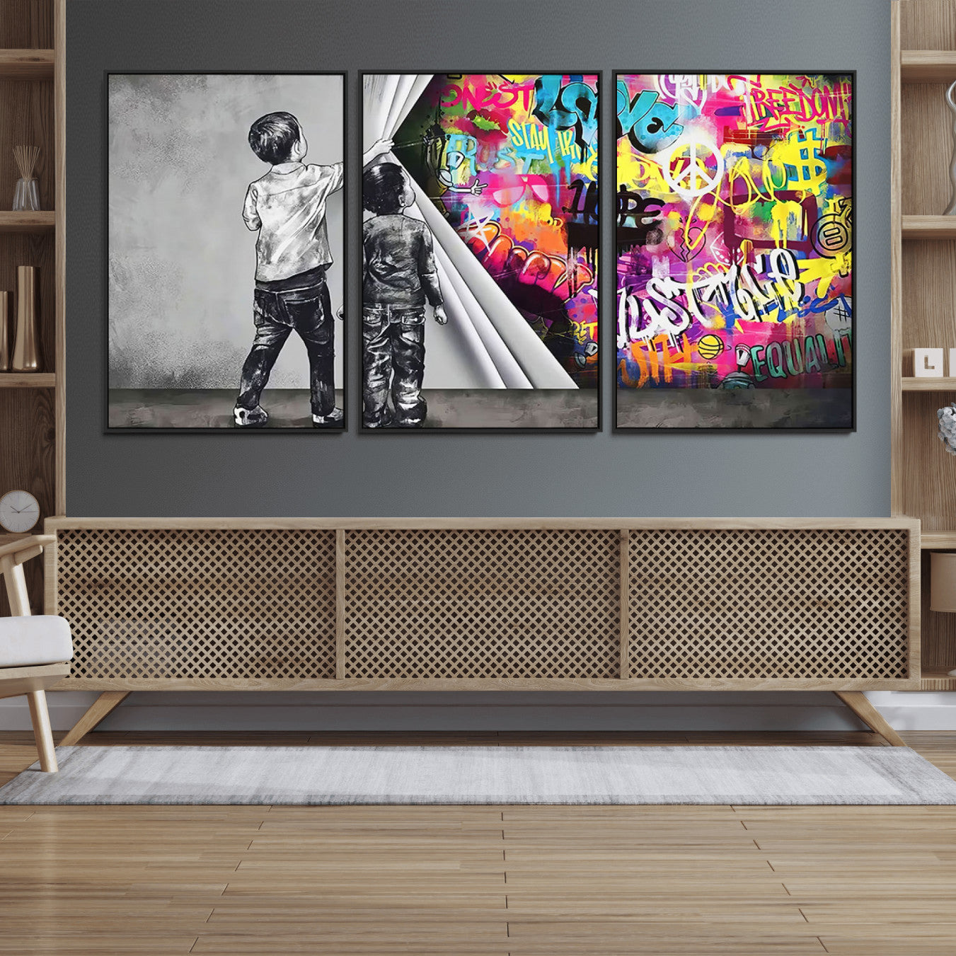92809-MGV-FC-60X30-3P_Black-Banksy Print - Street Art Canvas Wall Art - Kids Revealing Graffiti, Urban Modern Decor for Living