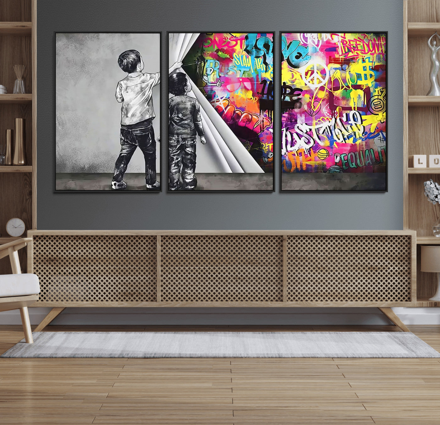 92809-MGV-FC-60X30-3P_Black-Banksy Print - Street Art Canvas Wall Art - Kids Revealing Graffiti, Urban Modern Decor for Living