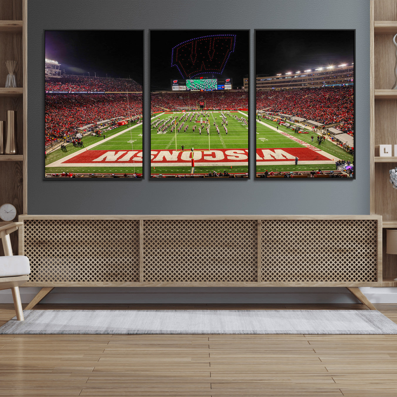 34125-MGV-FC-60X30-3P_Black-Wisconsin Badgers Football Team Print Canvas- Madison Camp Randall Stadium Wall Art Canvas Print