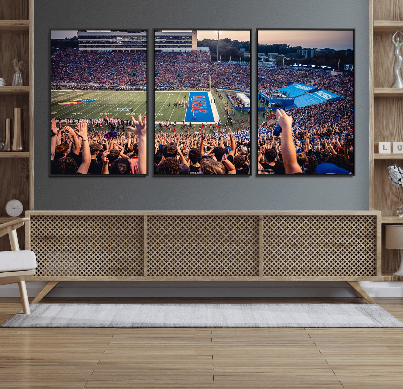 40169-MGV-FC-60X30-3P_Black-University of Kansas Jayhawks Football Team Art Print - Lawrence Kansas Memorial Stadium Wall Art
