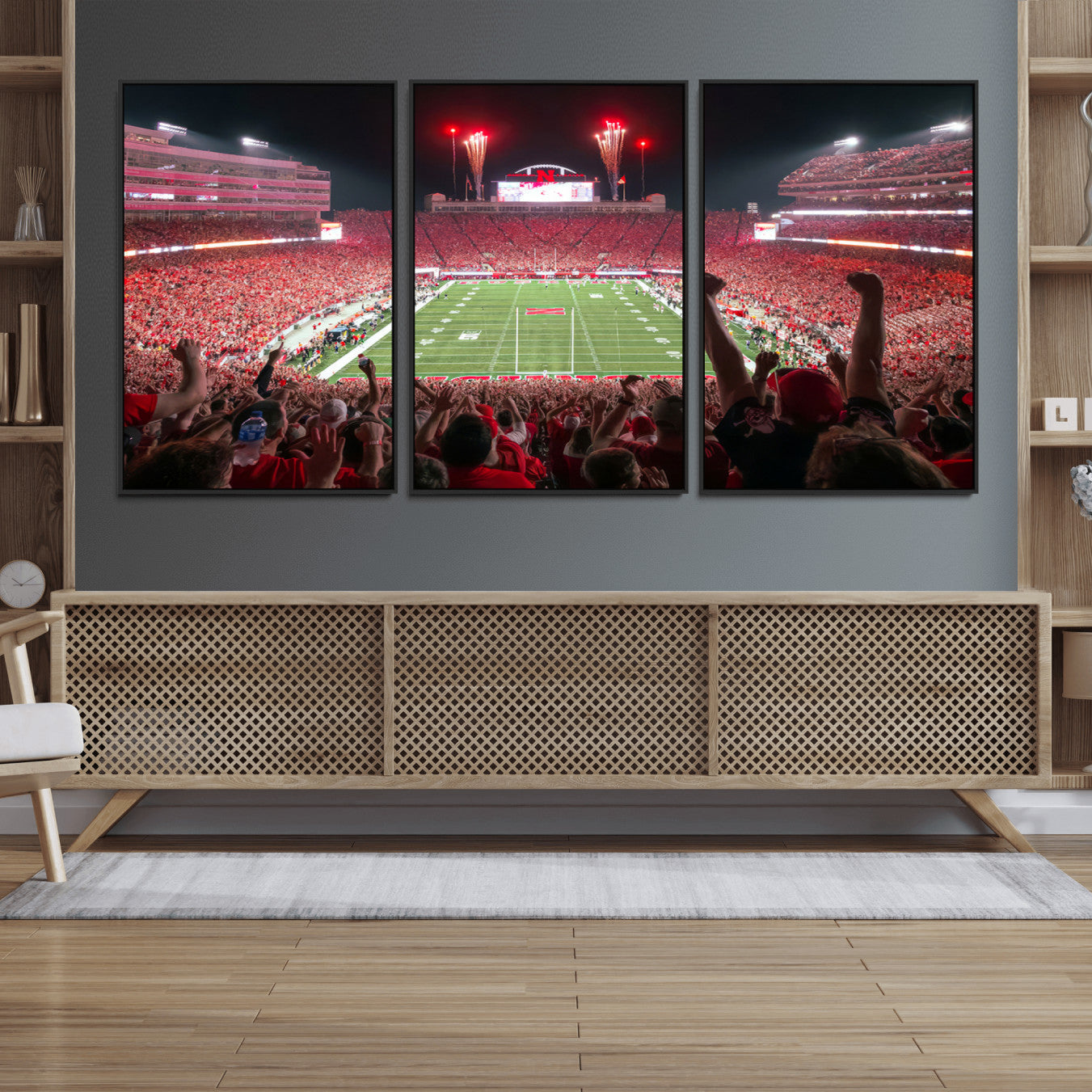 43351-MGV-FC-60X30-3P_Black-University of Nebraska Cornhuskers Football Team Print - Lincoln Memorial Stadium Wall Art Canvas