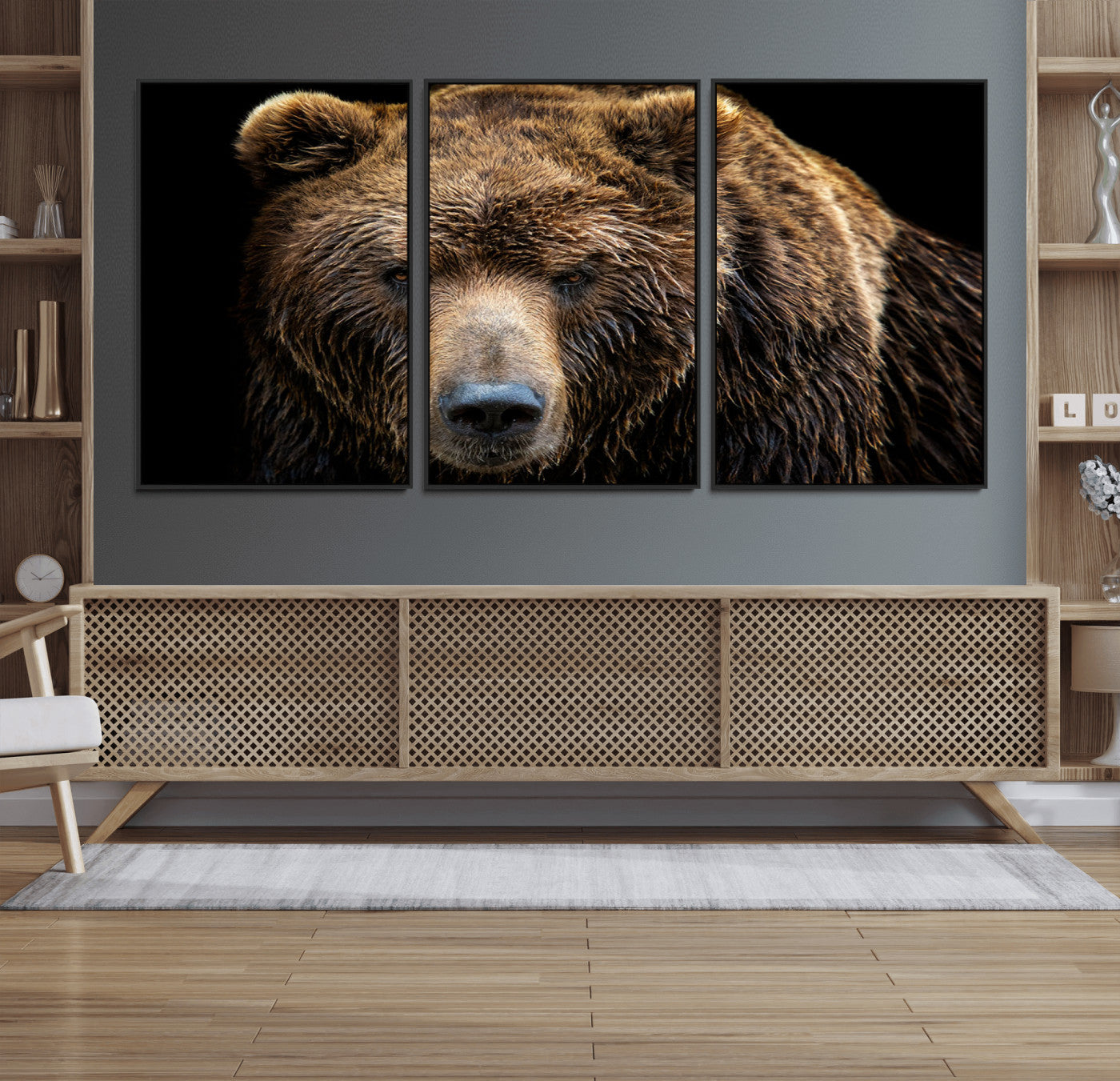 17311-MGV-FC-60X30-3P_Black-Grizzly Brown Bear Canvas Wall Art, Wildlife Animal Canvas Artwork Bear Print, Bear Wall Art Print,