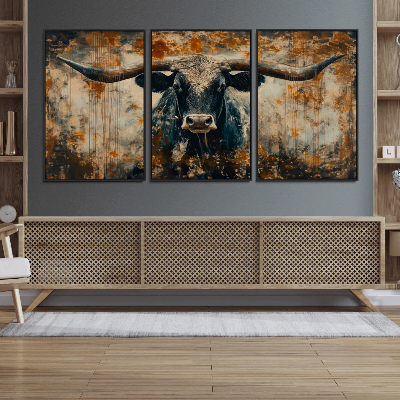 85913-MGV-FC-60X30-3P_Black-Longhorn Wall Art – Rustic Western Bull Canvas Print, Modern Farmhouse Animal Decor for Living Room, Office, or Ranch House